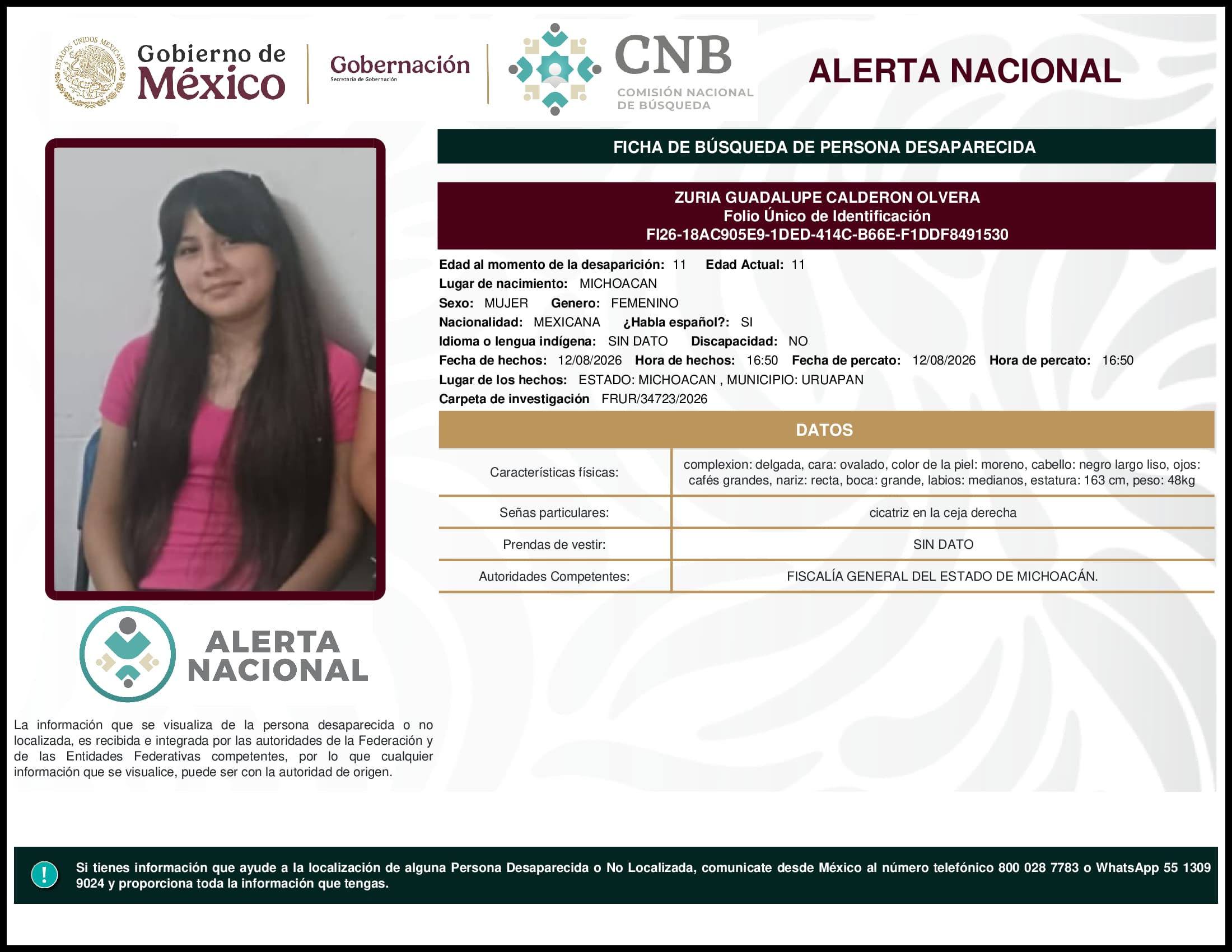 Persona desaparecida Zuria Guadalupe Calderon Olvera