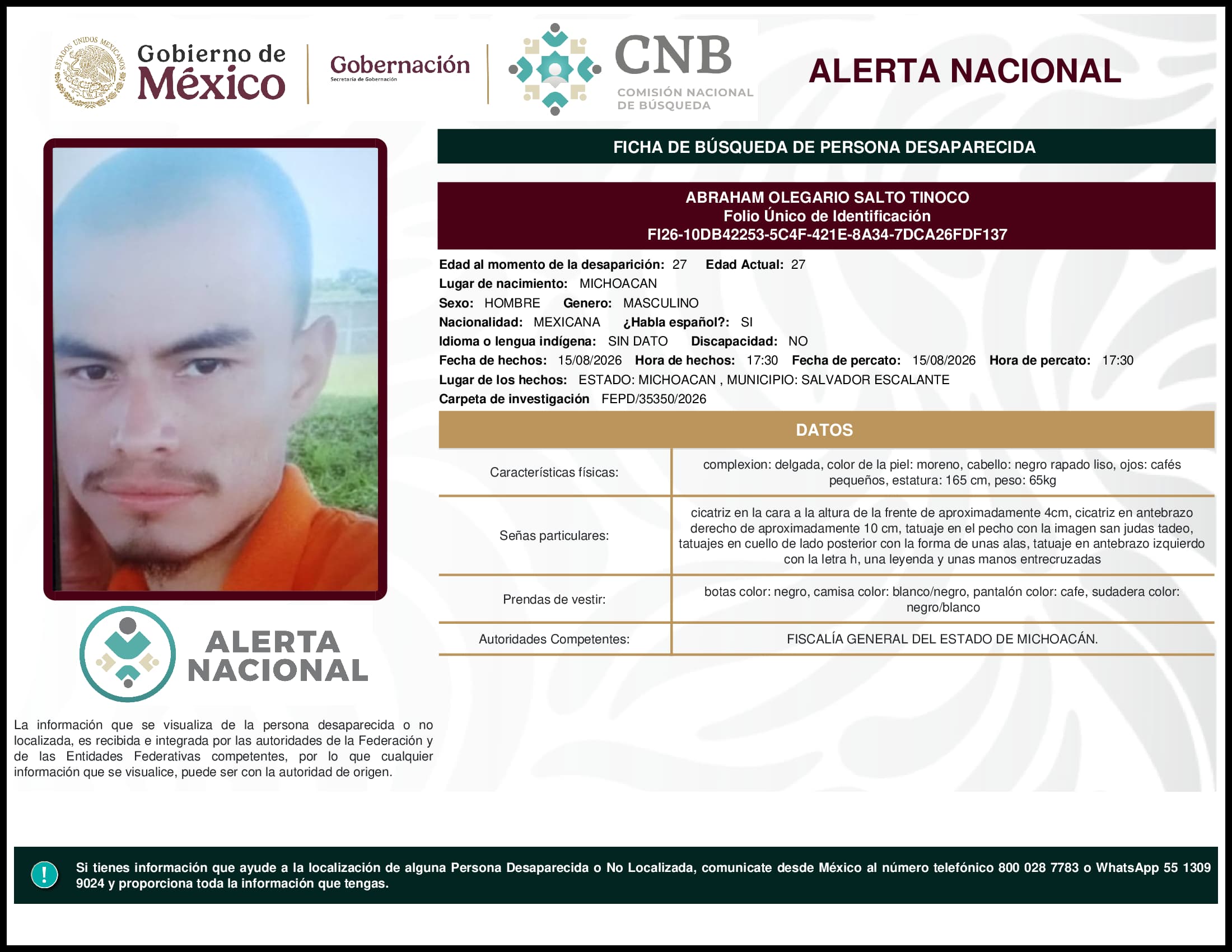 Persona desaparecida Abraham  Olegario  Salto  Tinoco