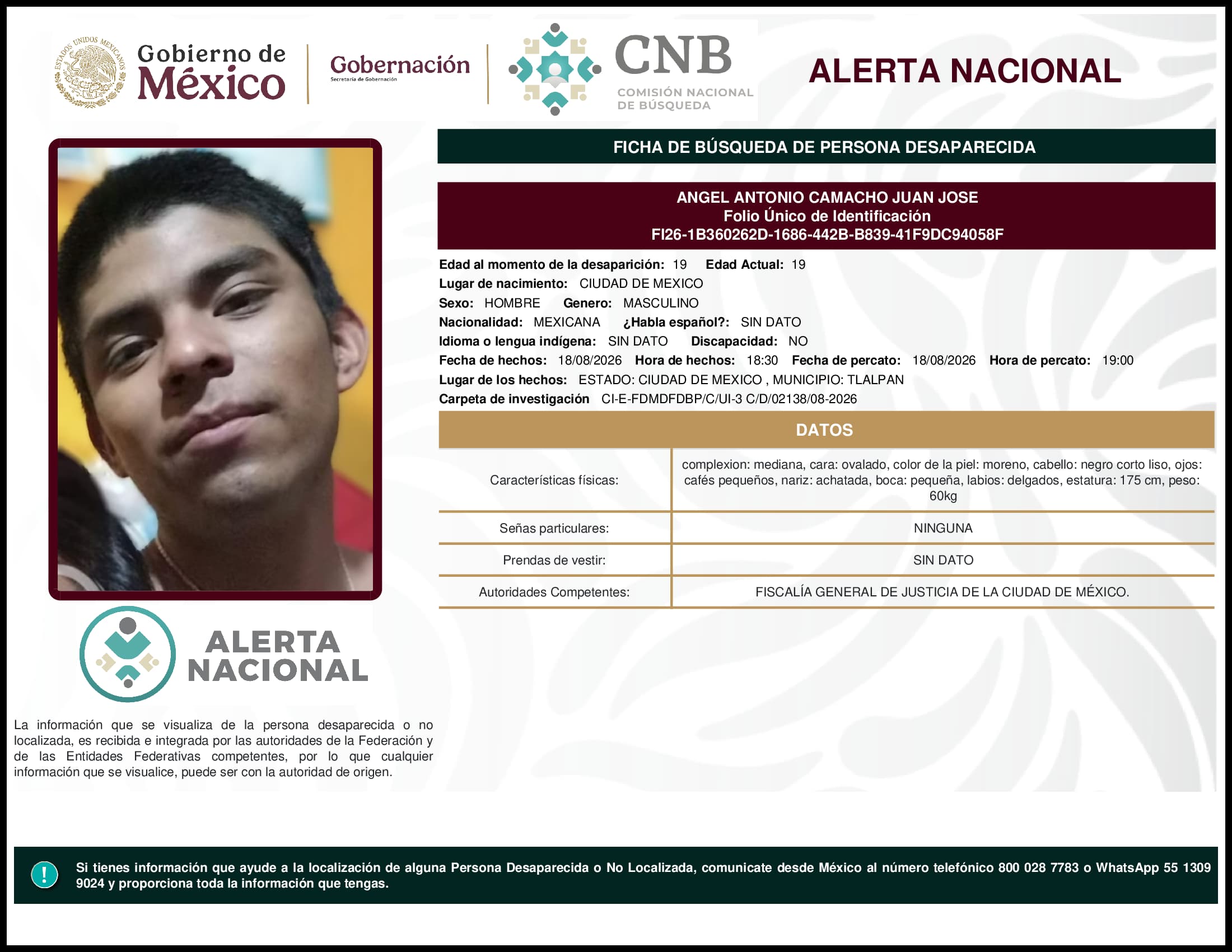 Persona desaparecida Angel  Antonio  Camacho  Juan  Jose