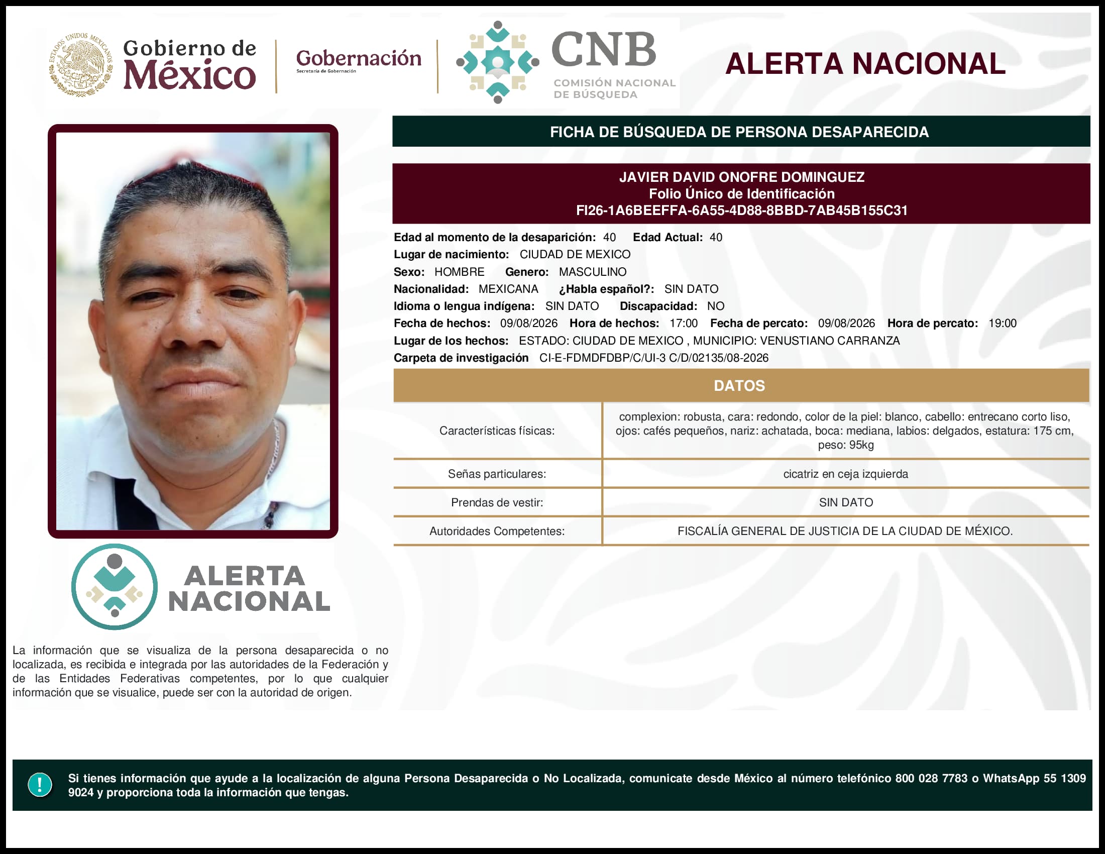 Persona desaparecida Javier  David  Onofre  Dominguez