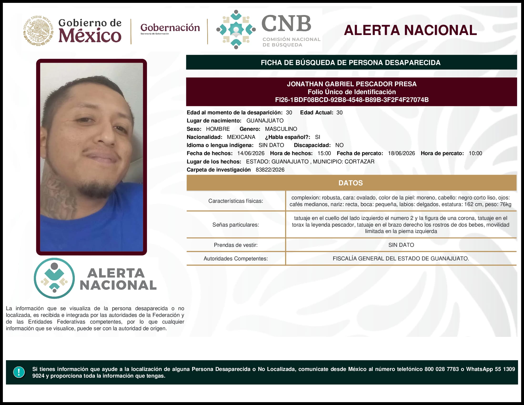 Persona desaparecida Jonathan  Gabriel  Pescador  Presa