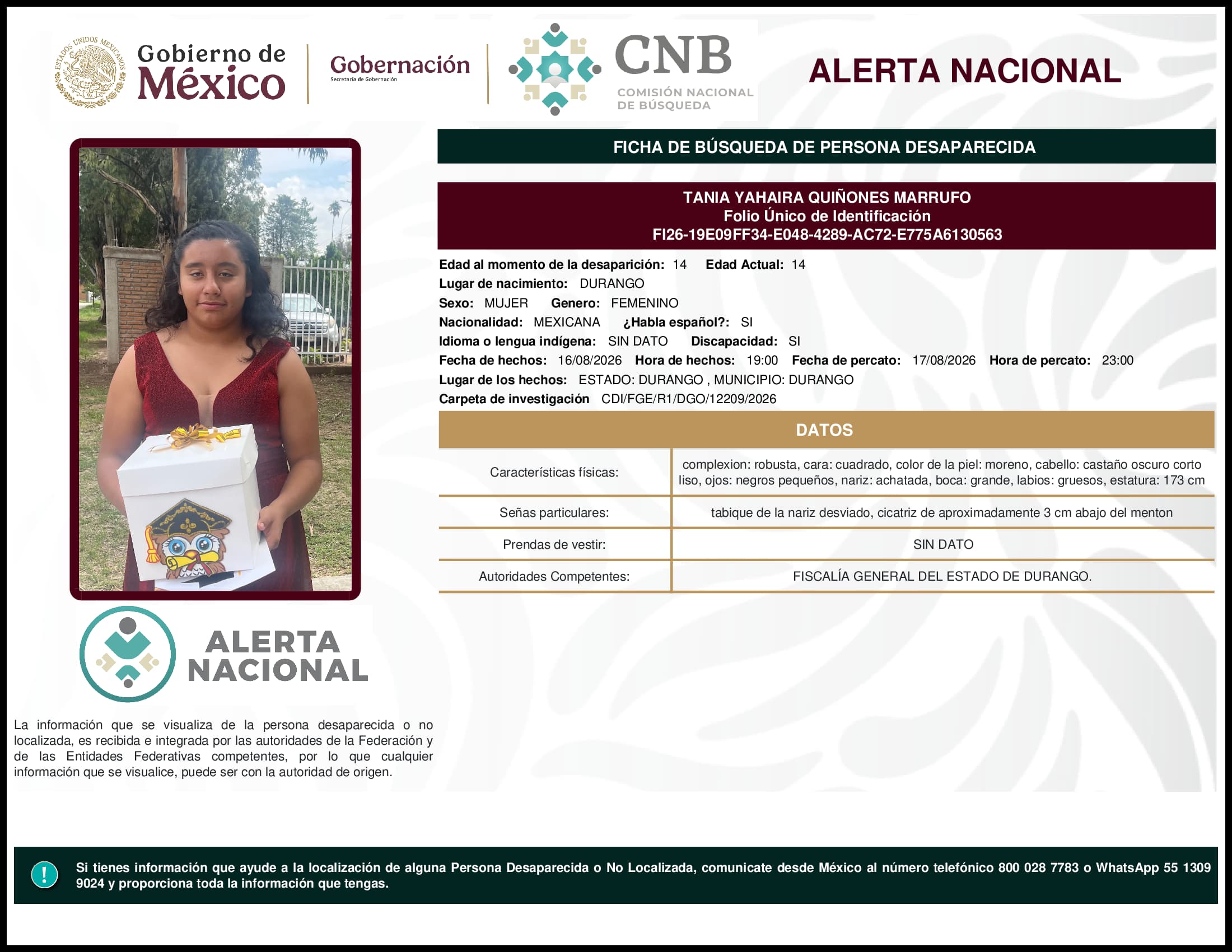 Persona desaparecida Tania  Yahaira  Quinones  Marrufo