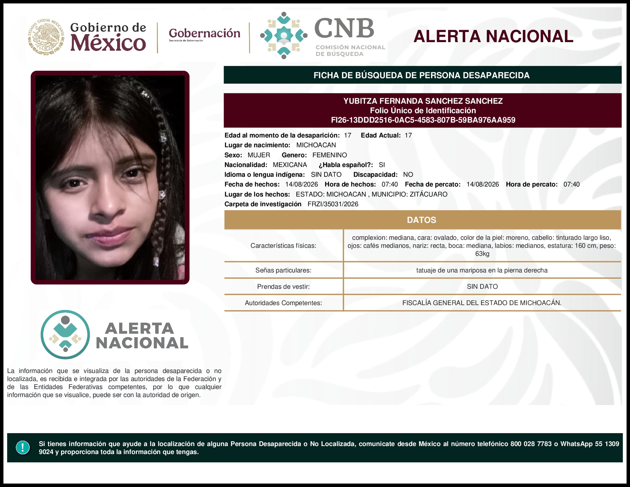 Persona desaparecida Yubitza  Fernanda  Sanchez  Sanchez