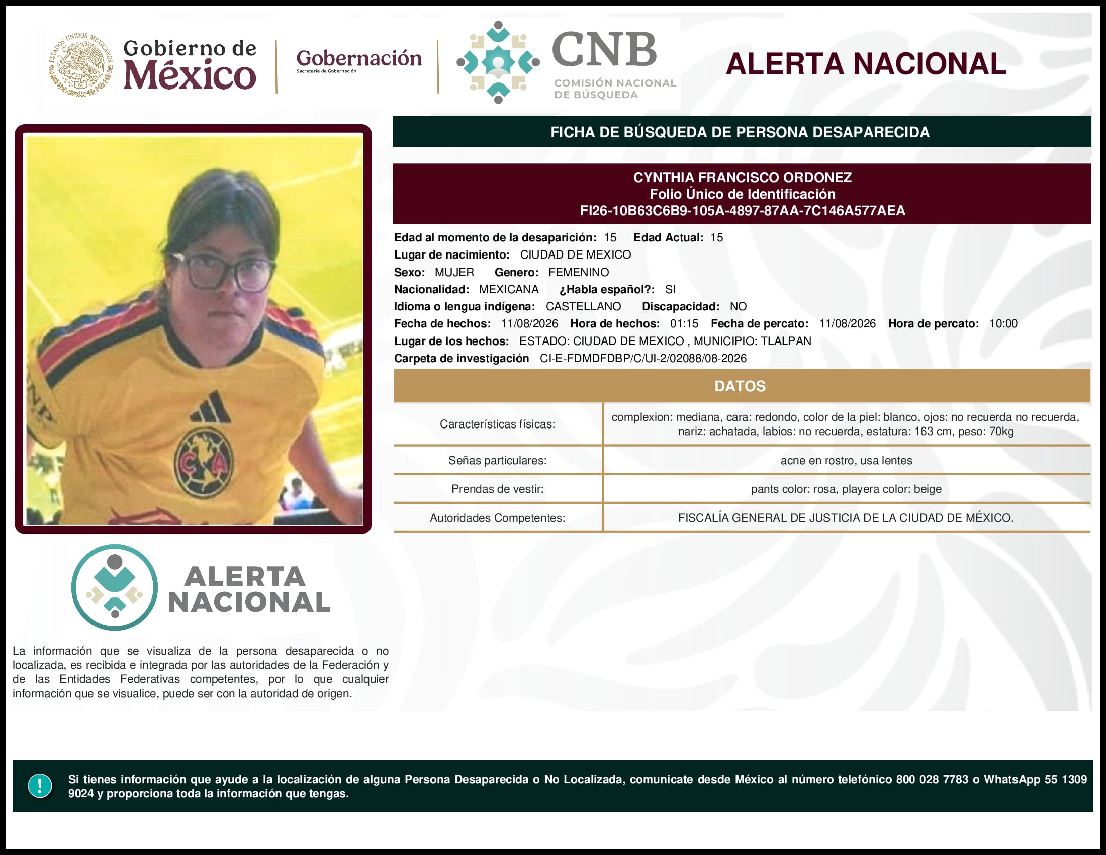 Persona desaparecida Cynthia Francisco Ordonez