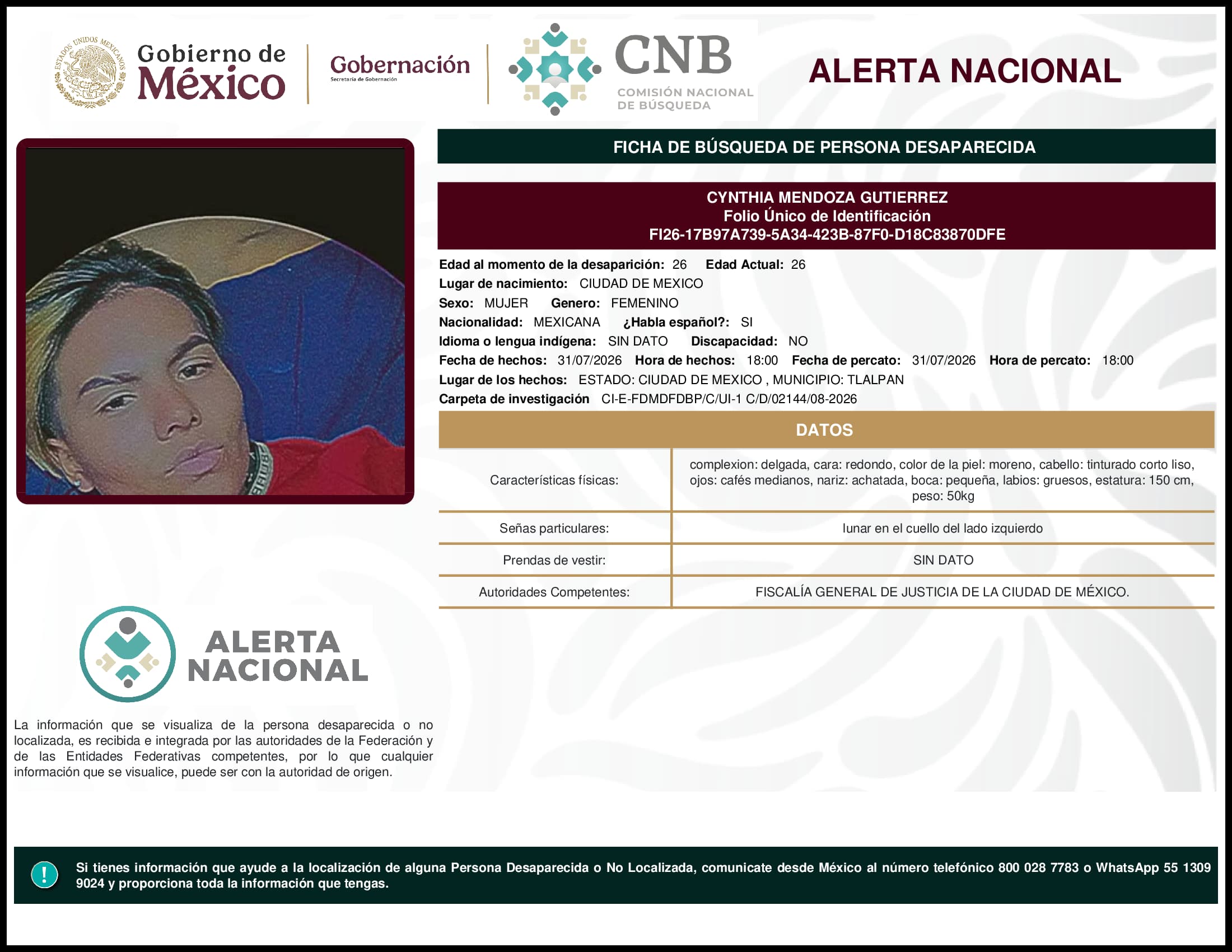 Persona desaparecida Cynthia Mendoza Gutierrez