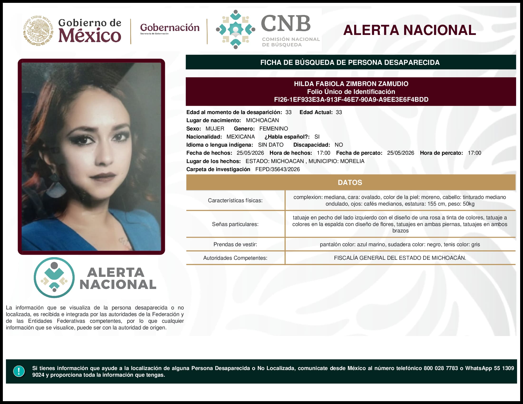 Persona desaparecida Hilda Fabiola Zimbron Zamudio
