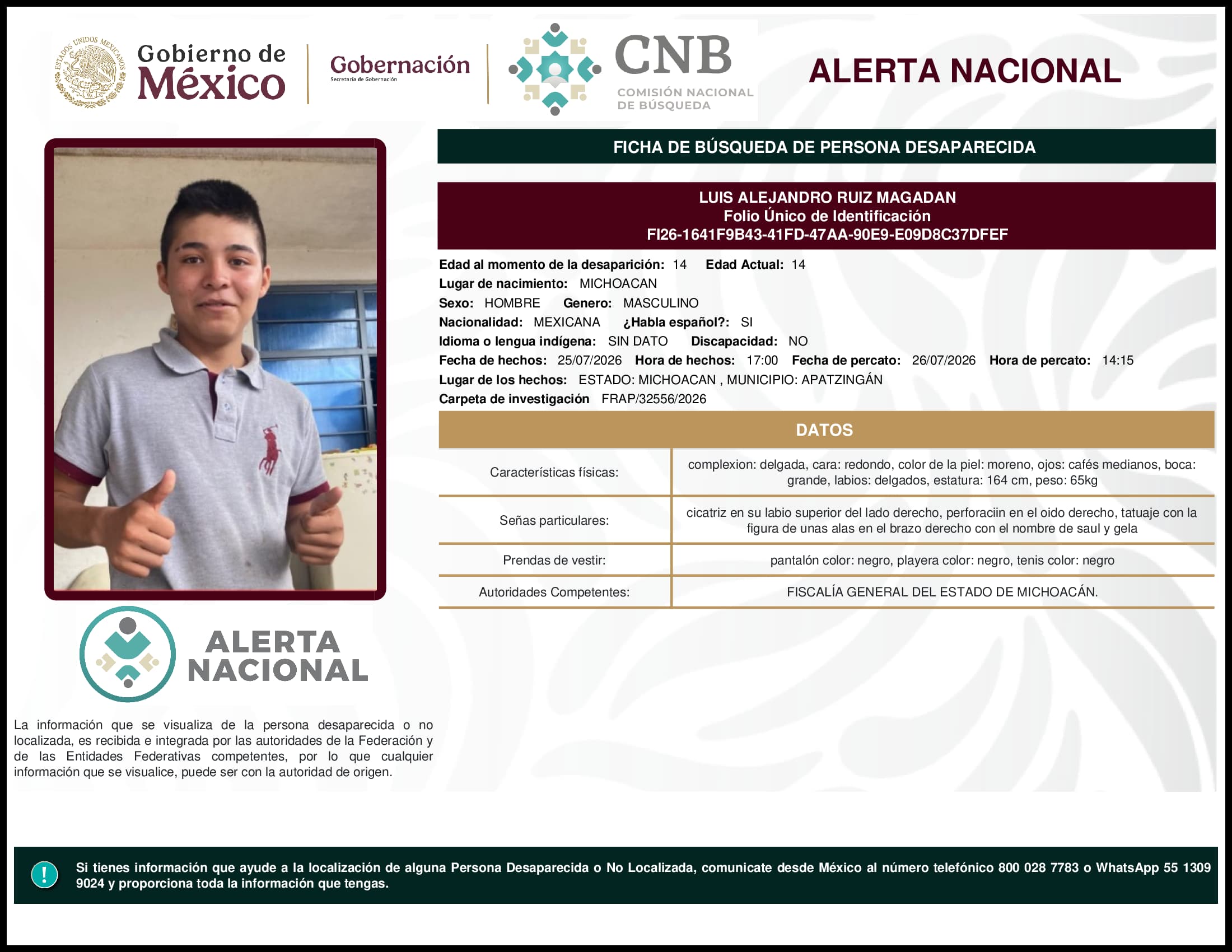 Persona desaparecida Luis Alejandro Ruiz Magadan