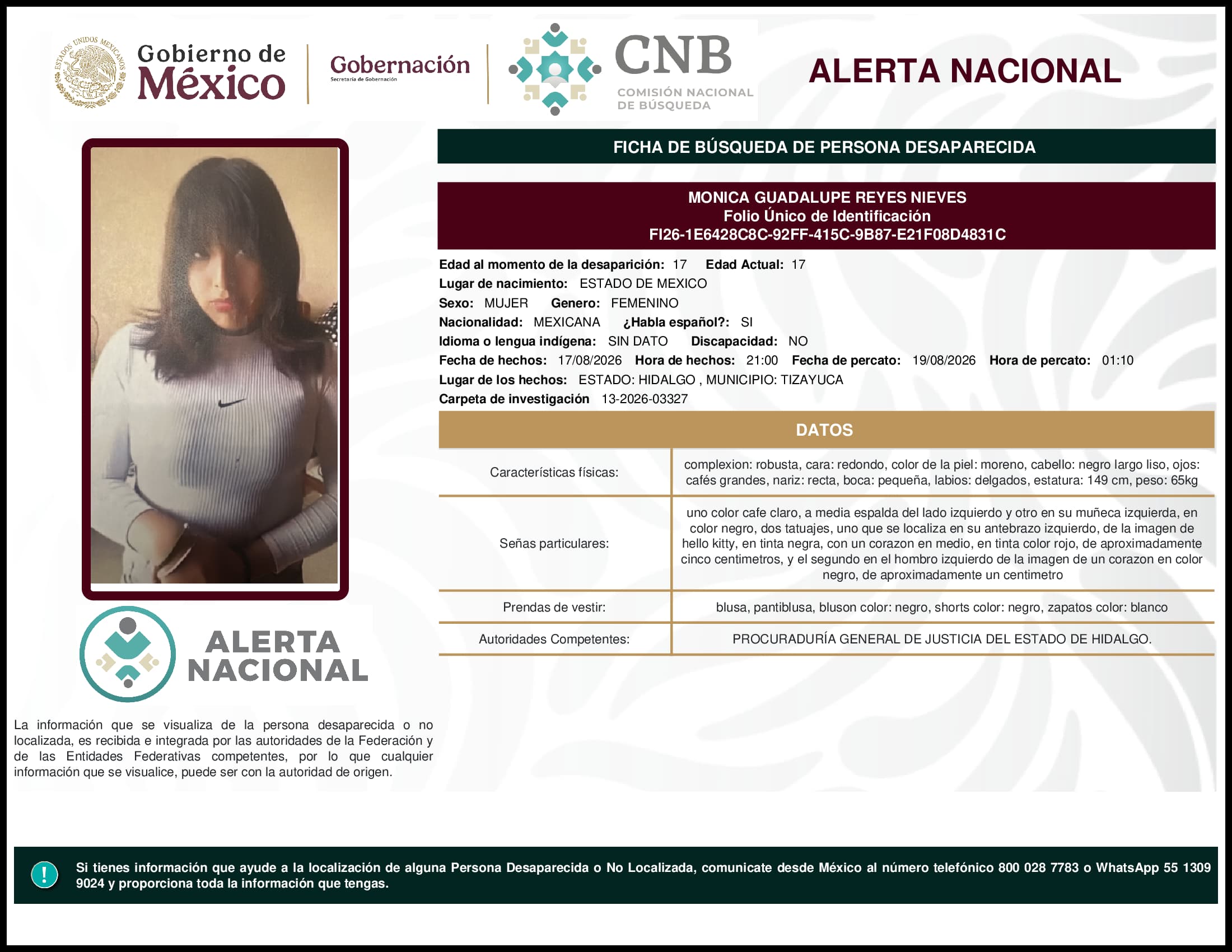 Persona desaparecida Monica Guadalupe Reyes Nieves