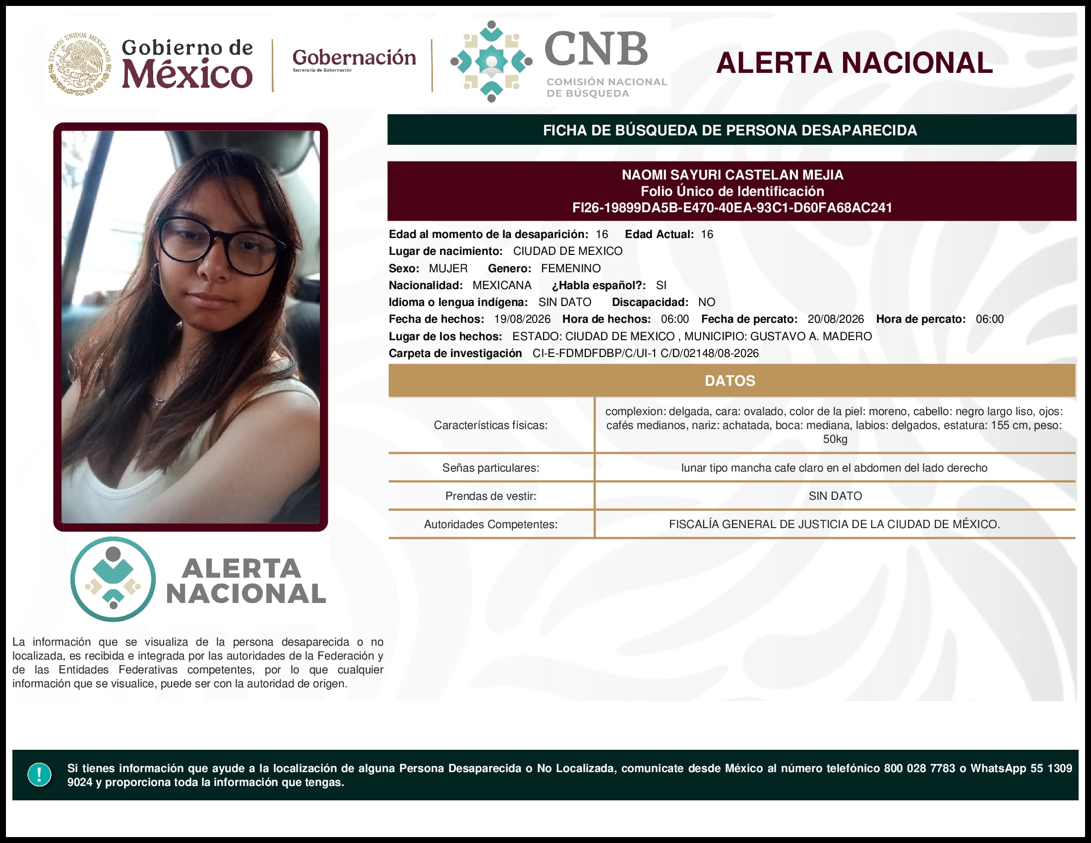 Persona desaparecida Naomi Sayuri Castelan Mejia