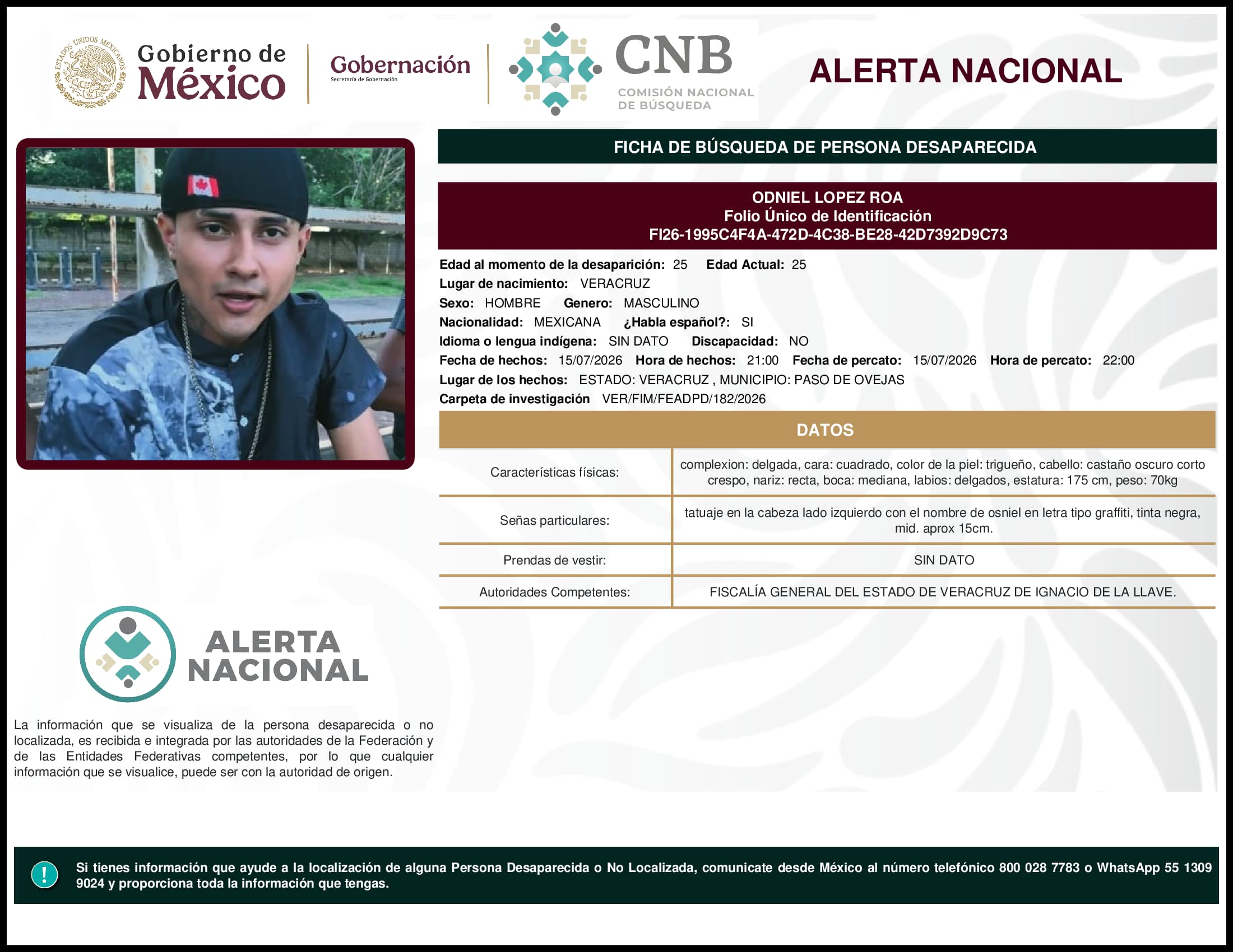 Persona desaparecida Odniel Lopez Roa