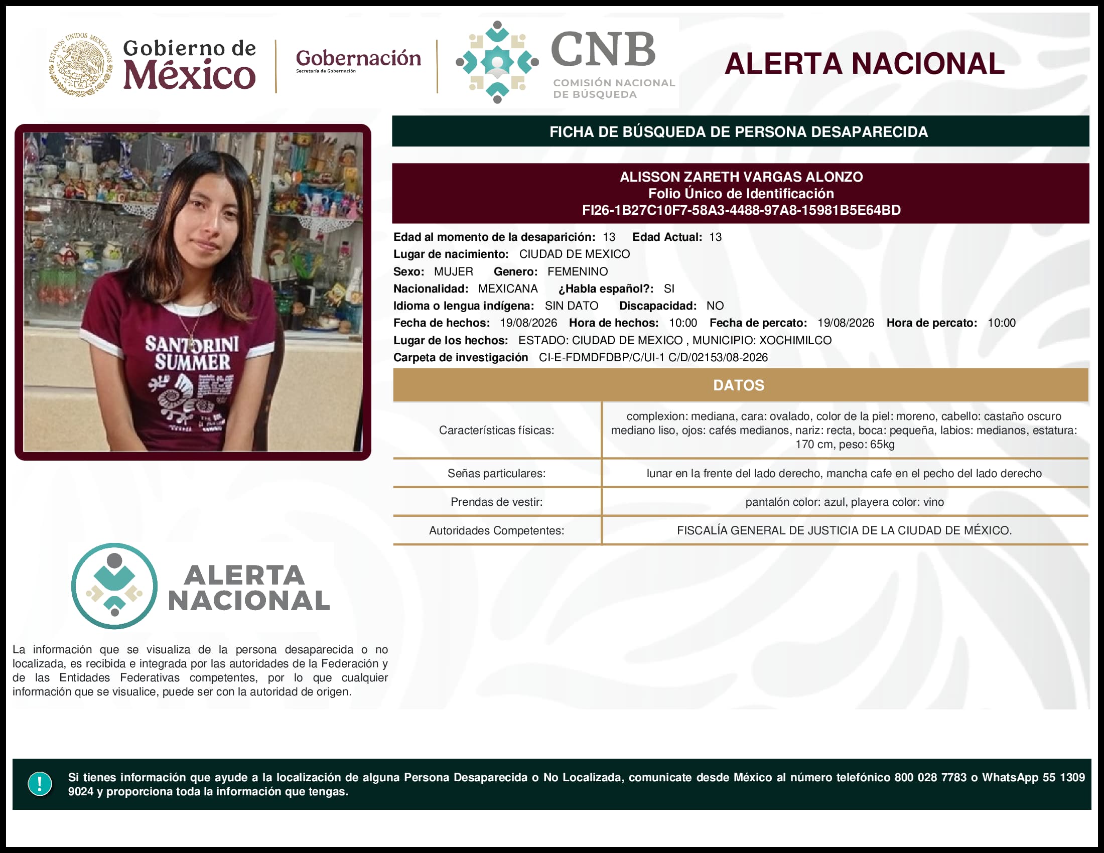 Persona desaparecida Alisson Zareth Vargas Alonzo