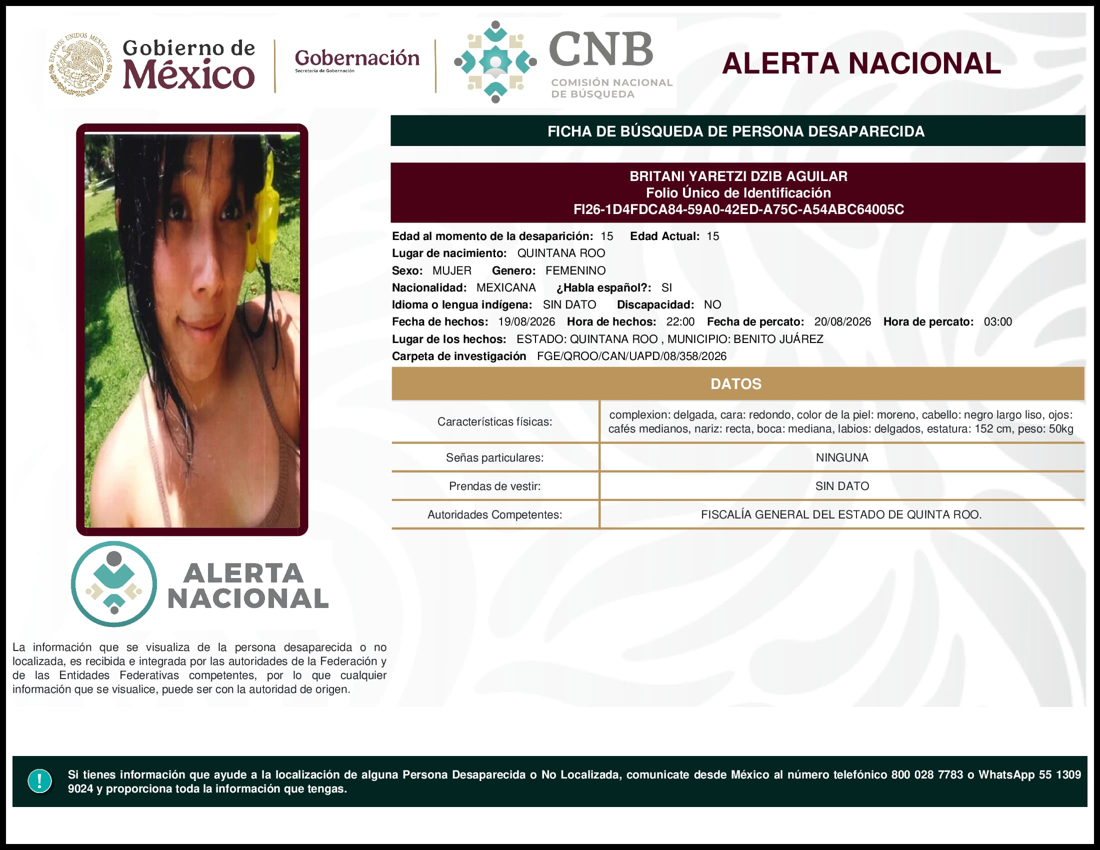 Persona desaparecida Britani Yaretzi Dzib Aguilar