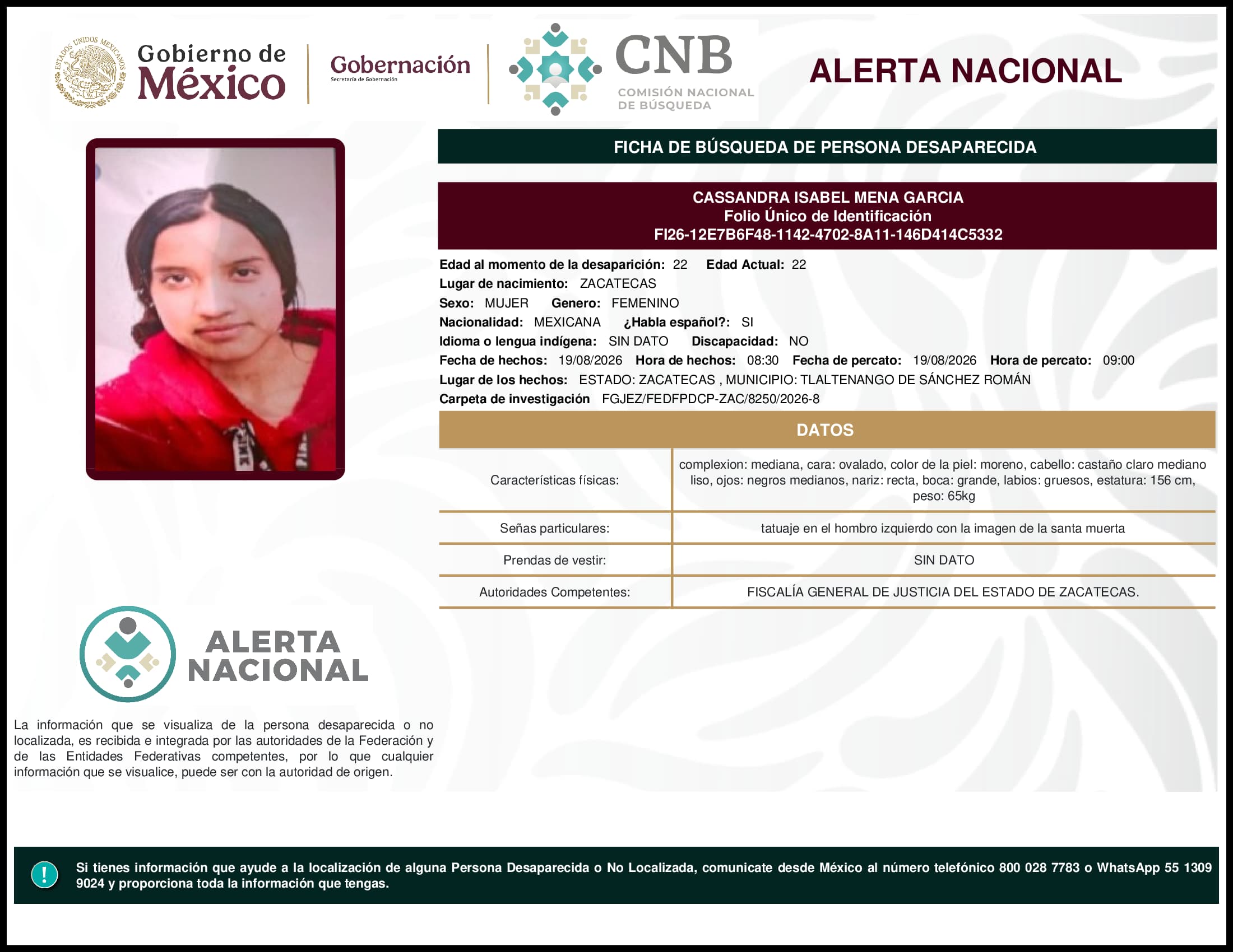 Persona desaparecida Cassandra Isabel Mena Garcia