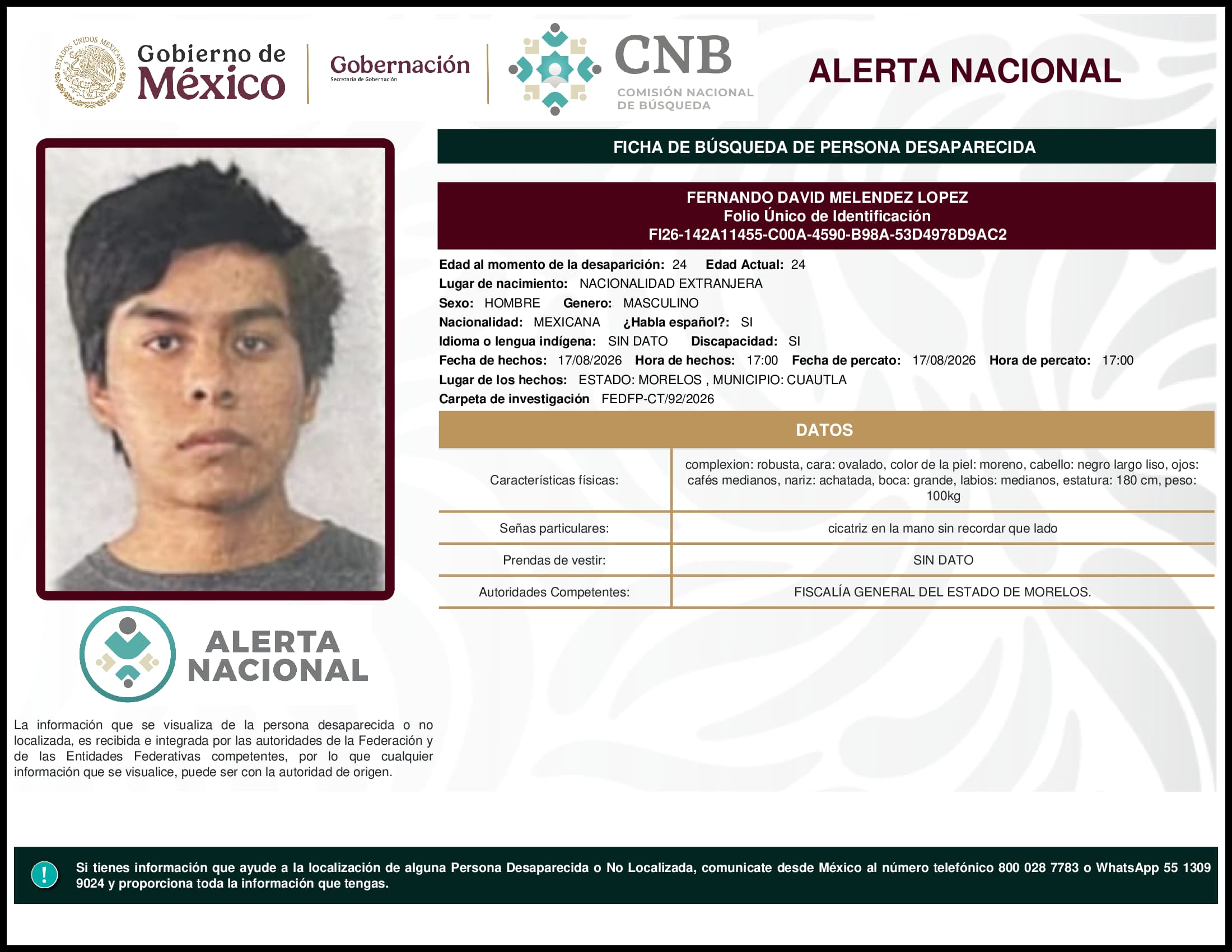 Persona desaparecida Fernando David Melendez Lopez