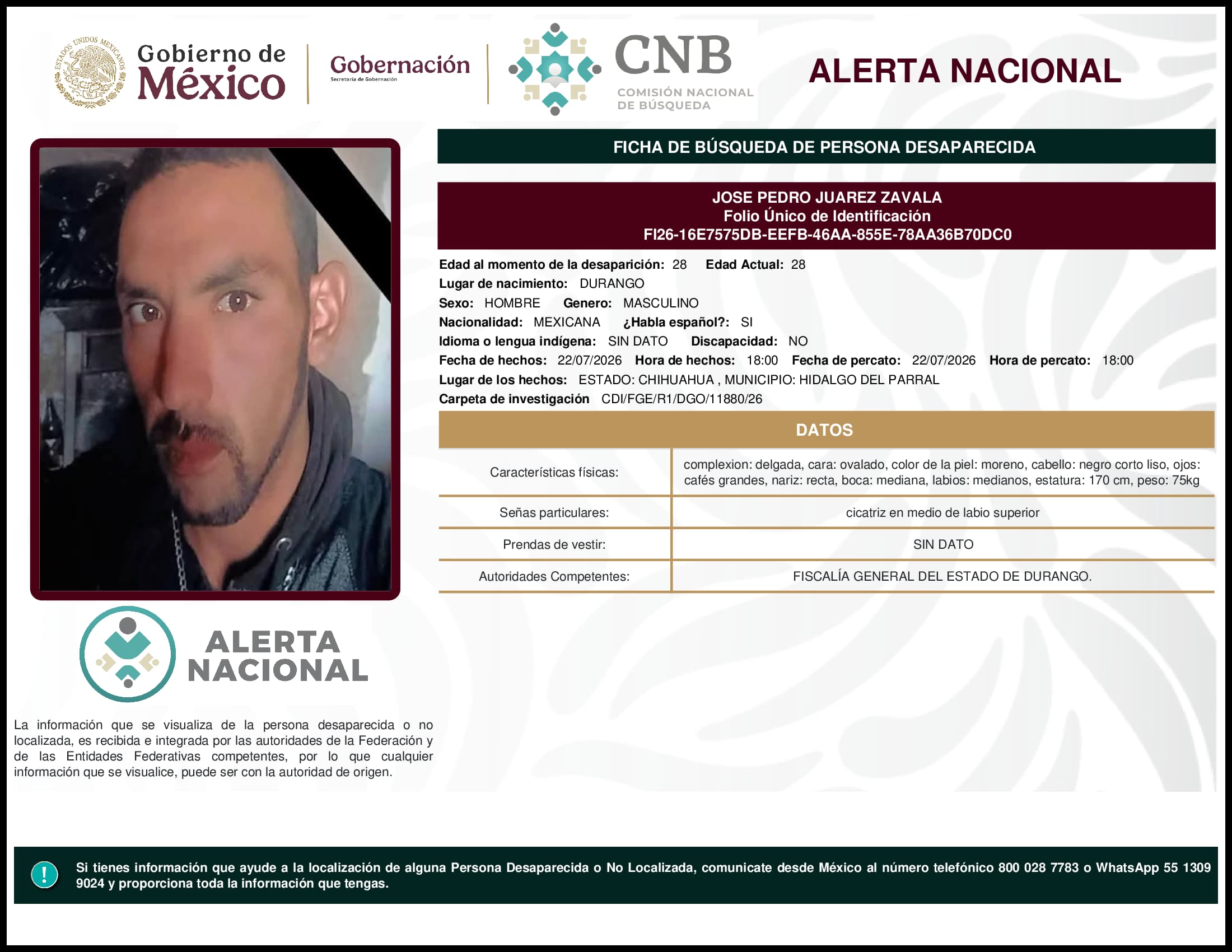 Persona desaparecida Jose Pedro Juarez Zavala