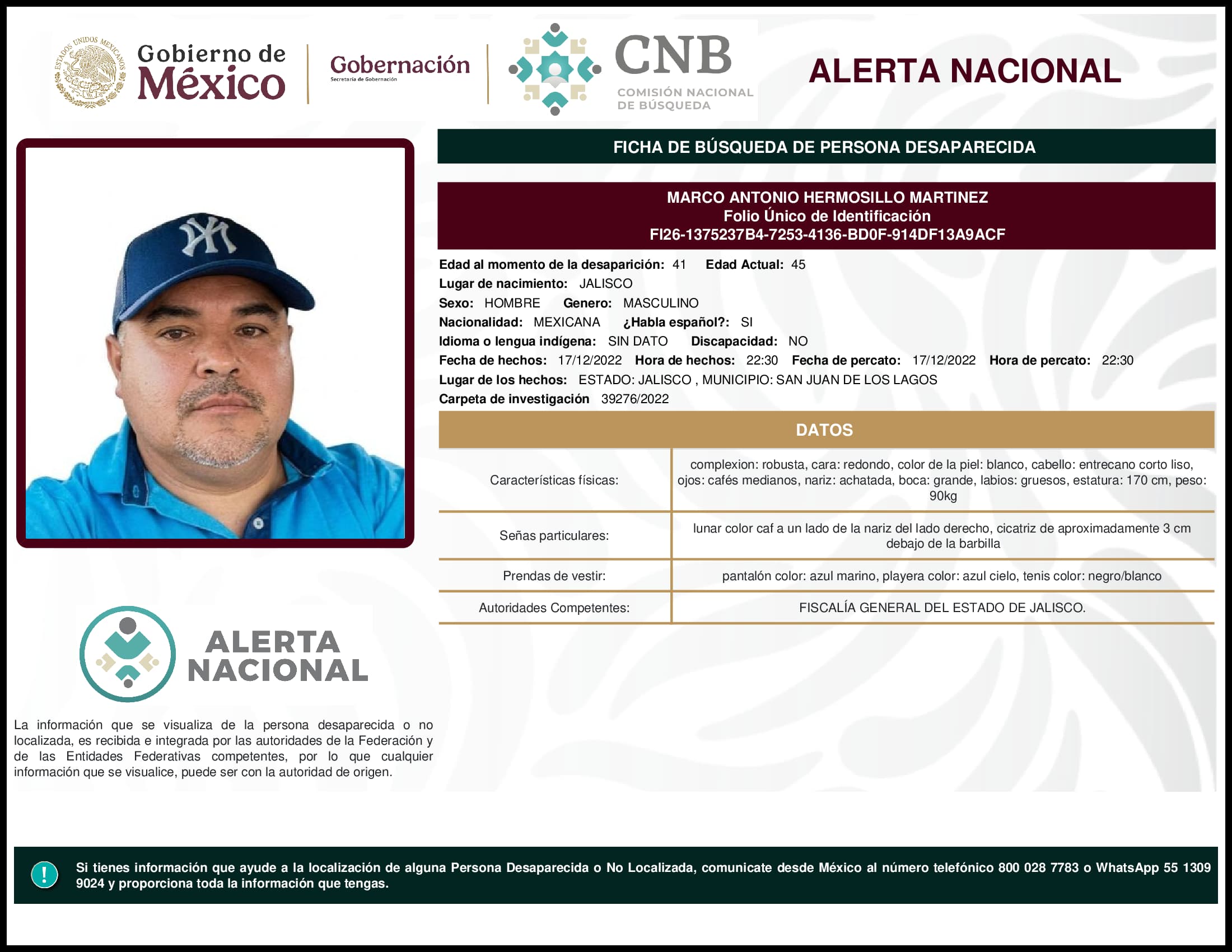 Persona desaparecida Marco Antonio Hermosillo Martinez