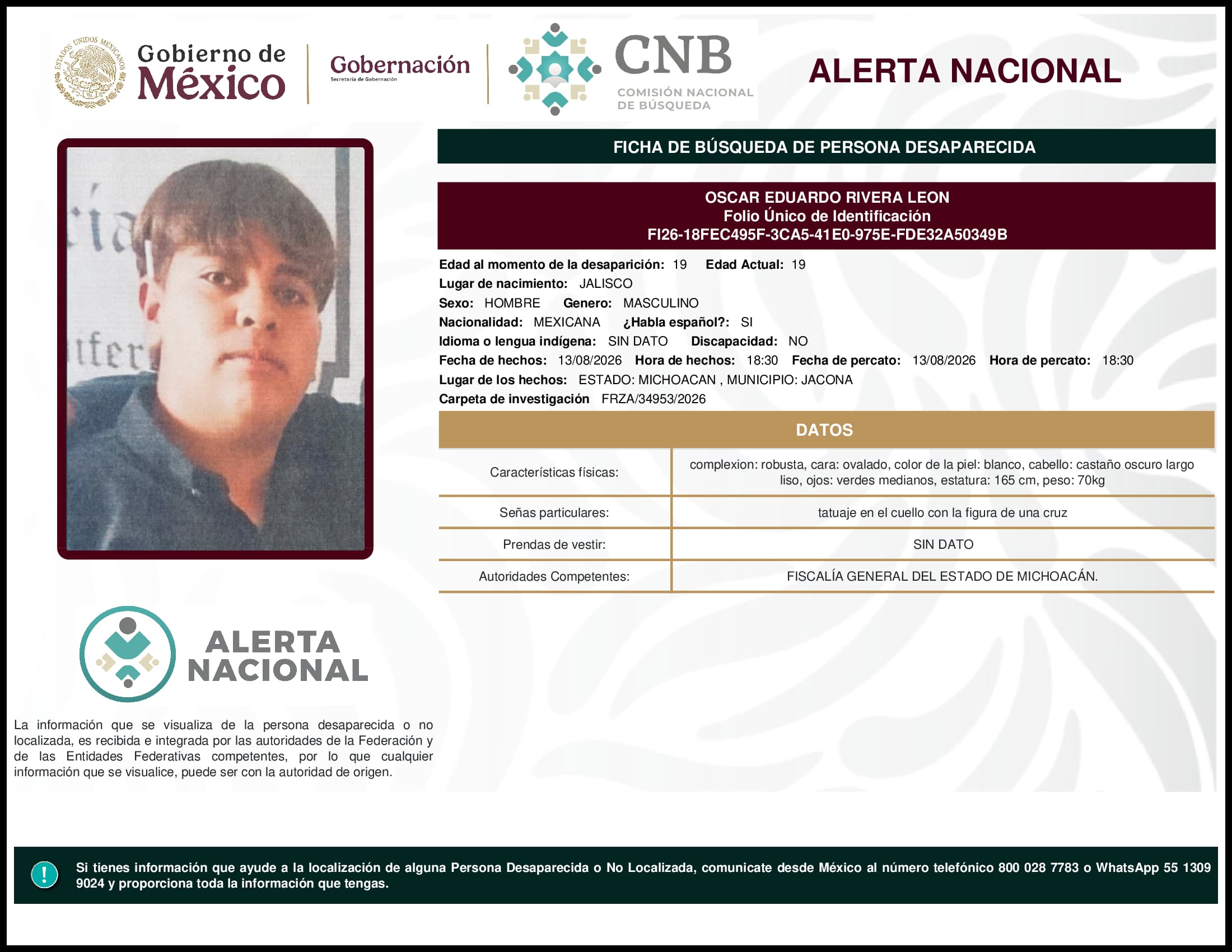 Persona desaparecida Oscar Eduardo Rivera Leon