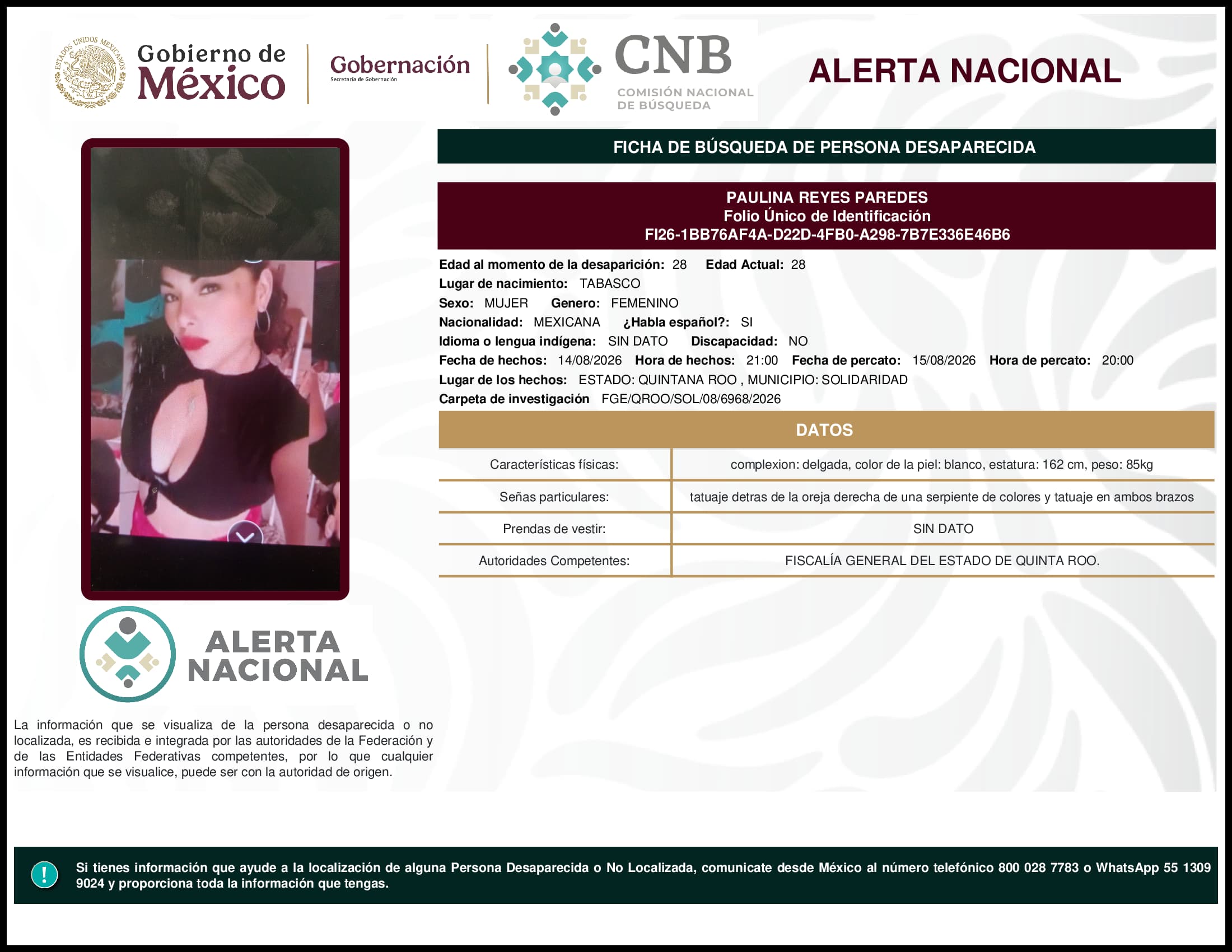 Persona desaparecida Paulina Reyes Paredes