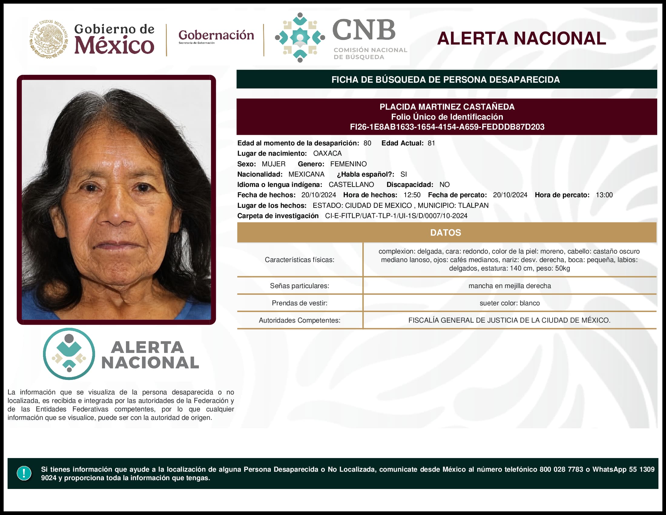 Persona desaparecida Placida Martinez Castaneda
