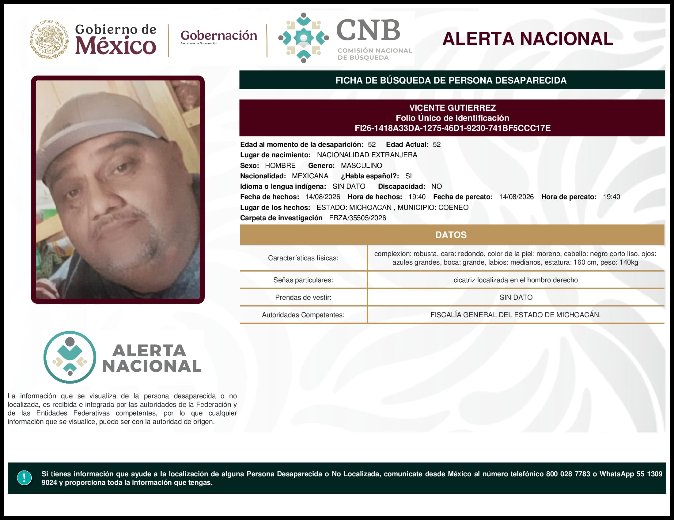 Persona desaparecida Vicente Gutierrez