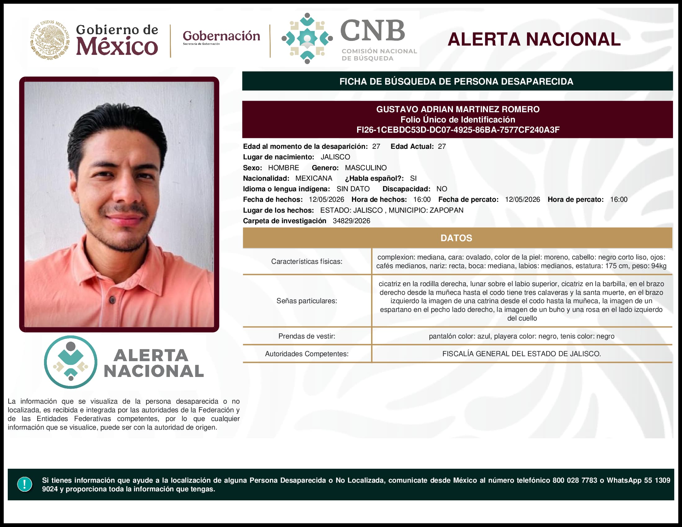 Persona desaparecida Gustavo Adrian Martinez Romero