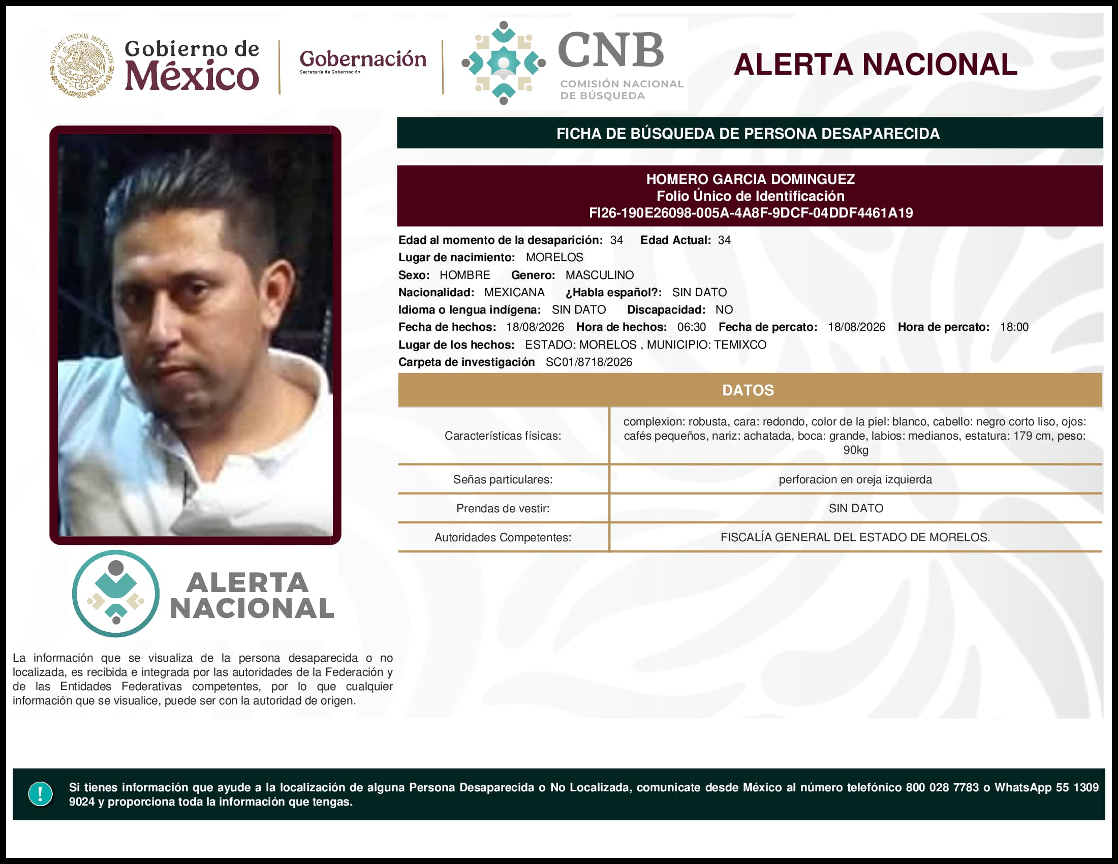 Persona desaparecida Homero Garcia Dominguez