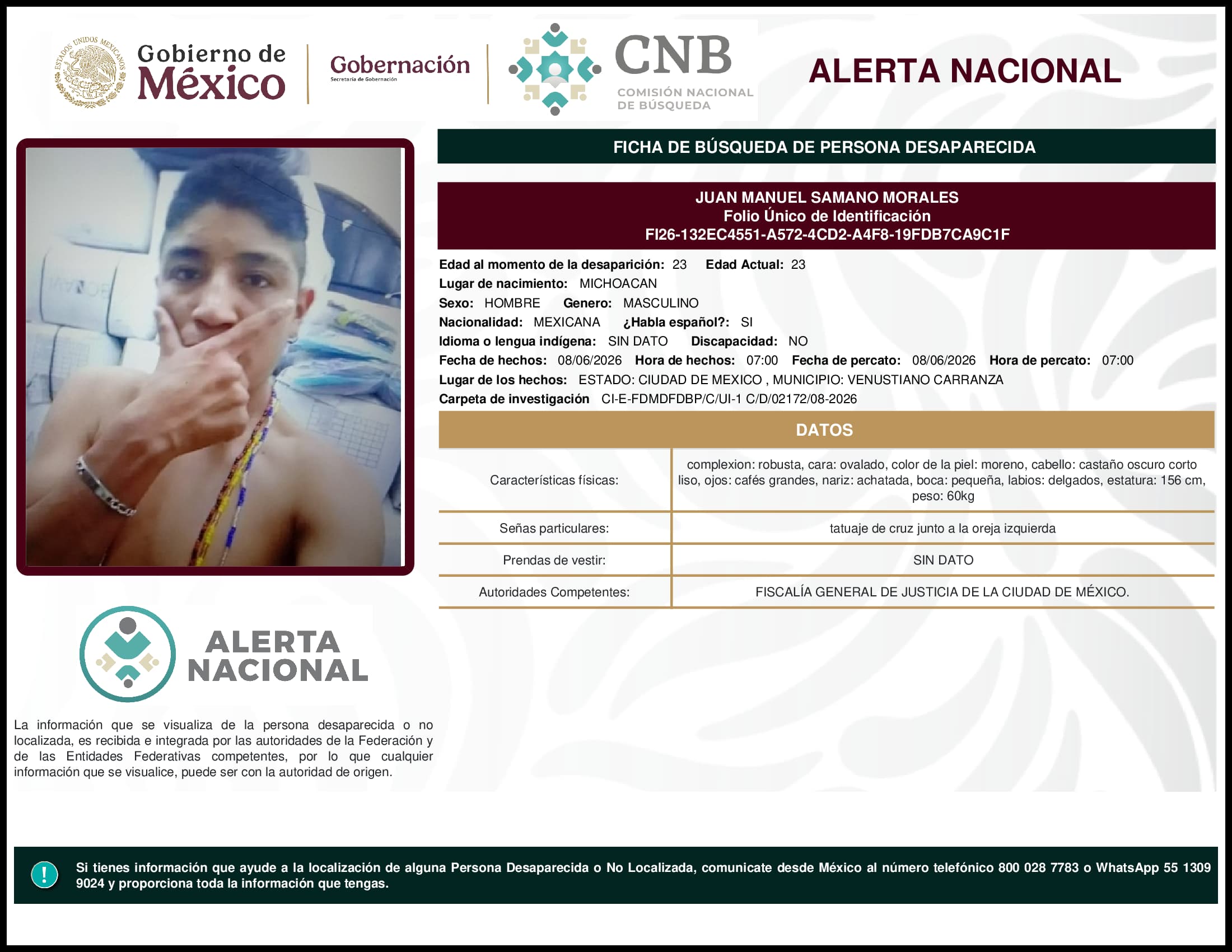 Persona desaparecida Juan Manuel Samano Morales