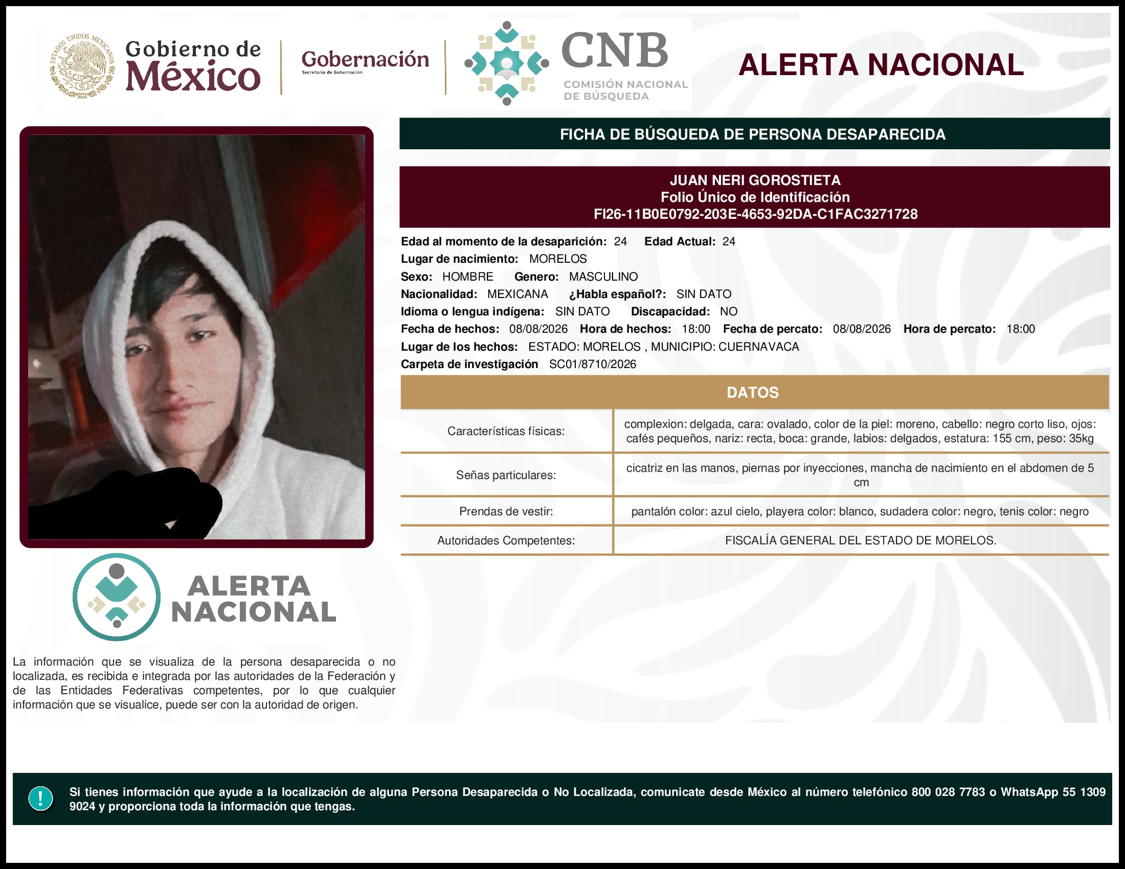 Persona desaparecida Juan Neri Gorostieta