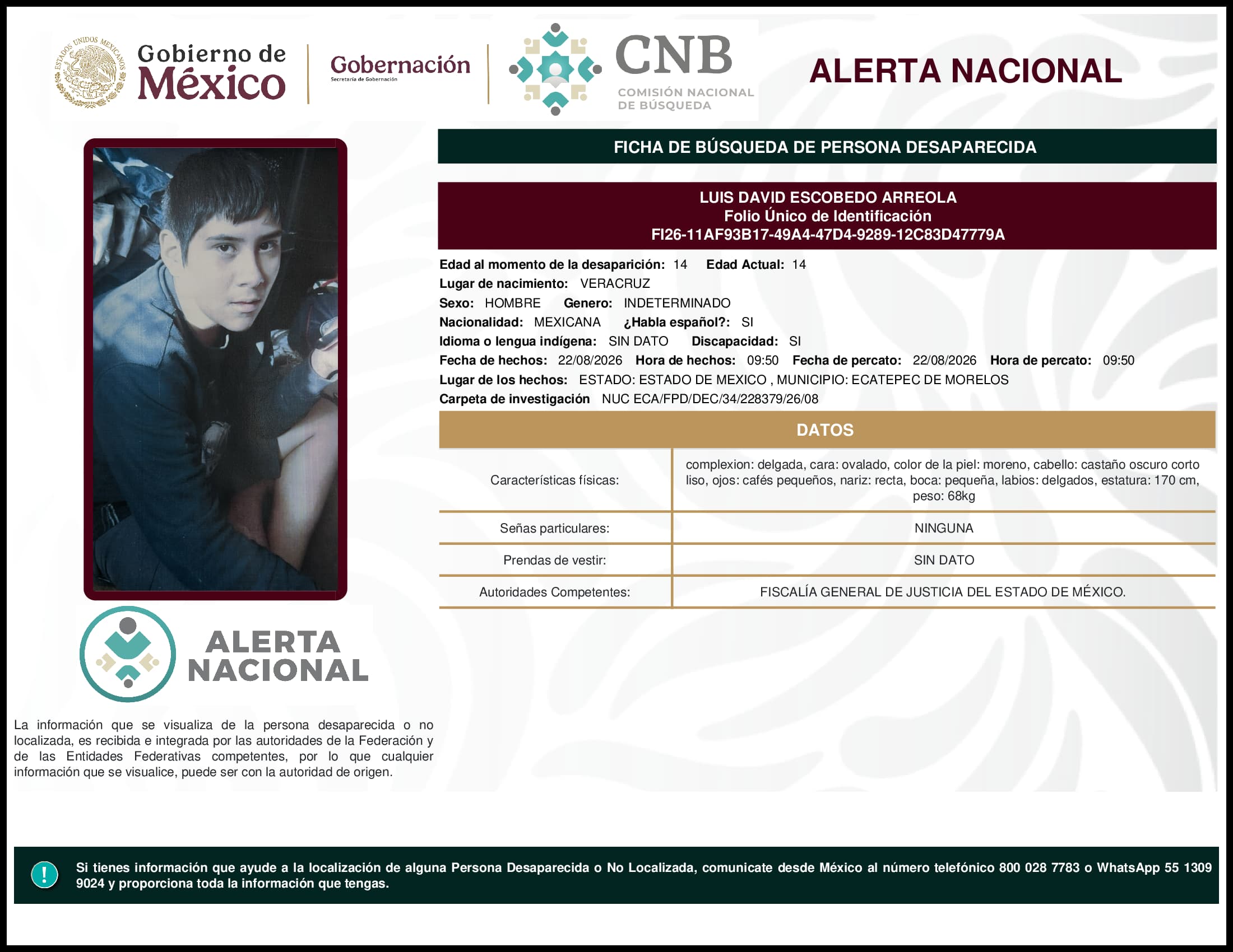 Persona desaparecida Luis David Escobedo Arreola