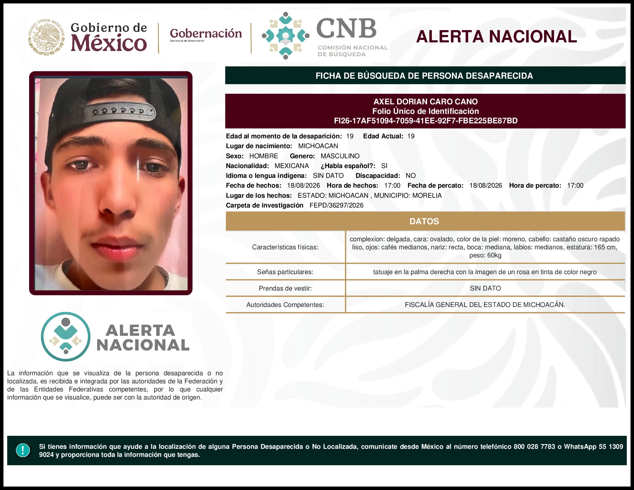 Persona desaparecida Axel Dorian Caro Cano