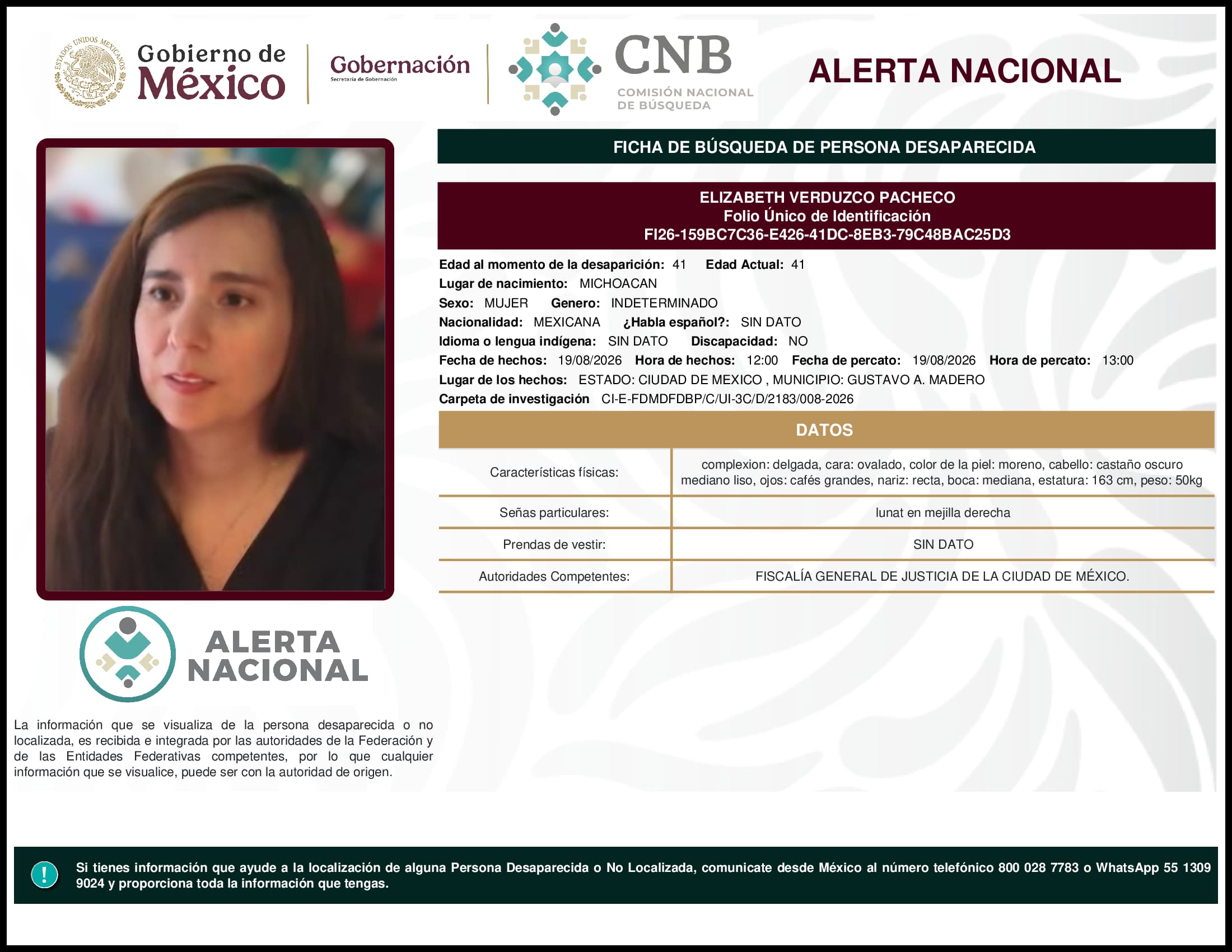 Persona desaparecida Elizabeth Verduzco Pacheco