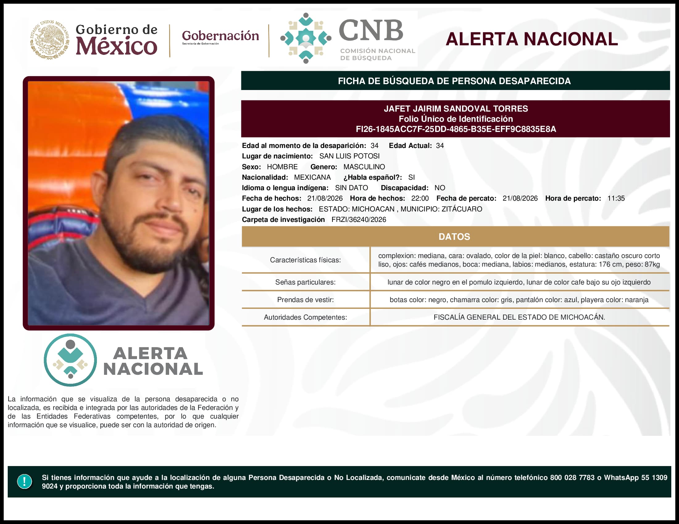 Persona desaparecida Jafet Jairim Sandoval Torres