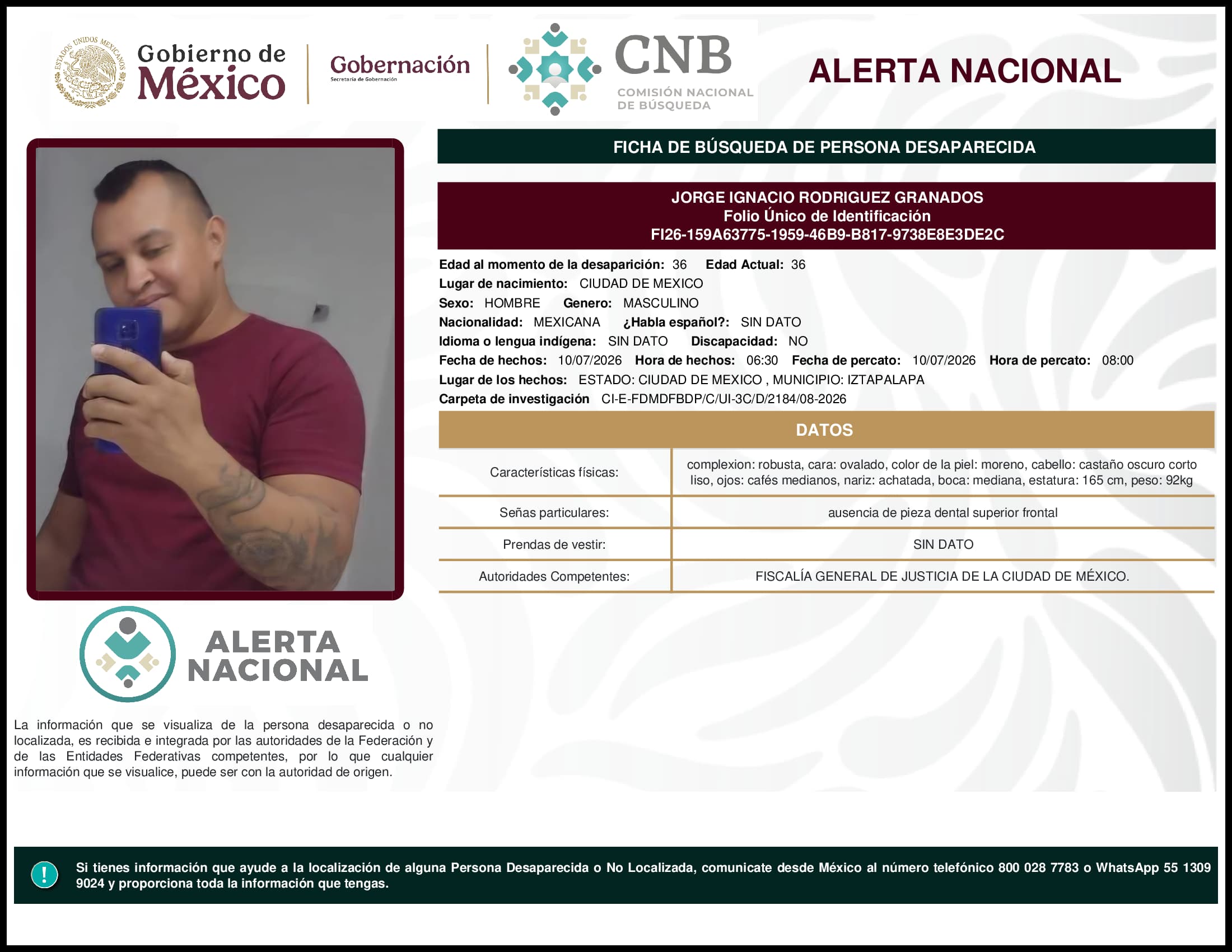 Persona desaparecida Jorge Ignacio Rodriguez Granados