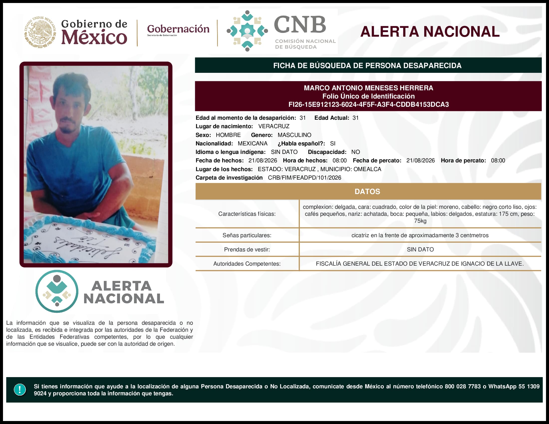 Persona desaparecida Marco Antonio Meneses Herrera