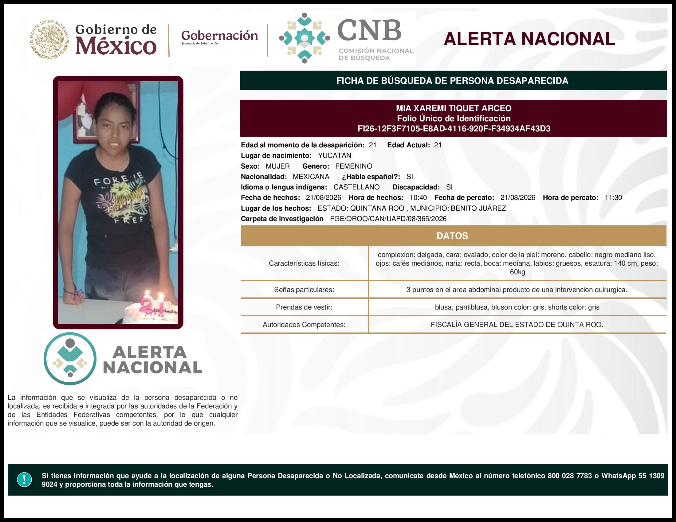 Persona desaparecida Mia Xaremi Tiquet Arceo