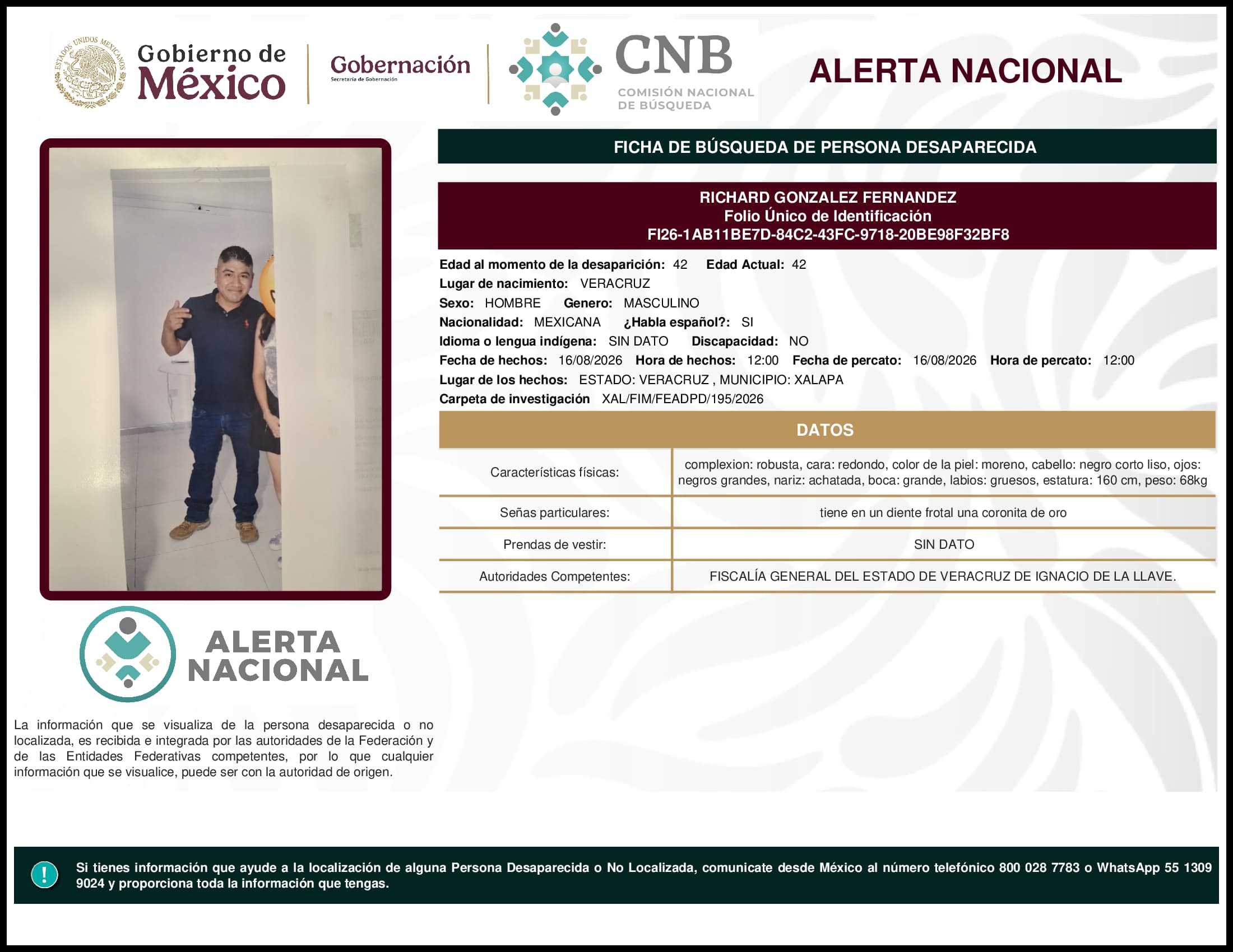 Persona desaparecida Richard Gonzalez Fernandez