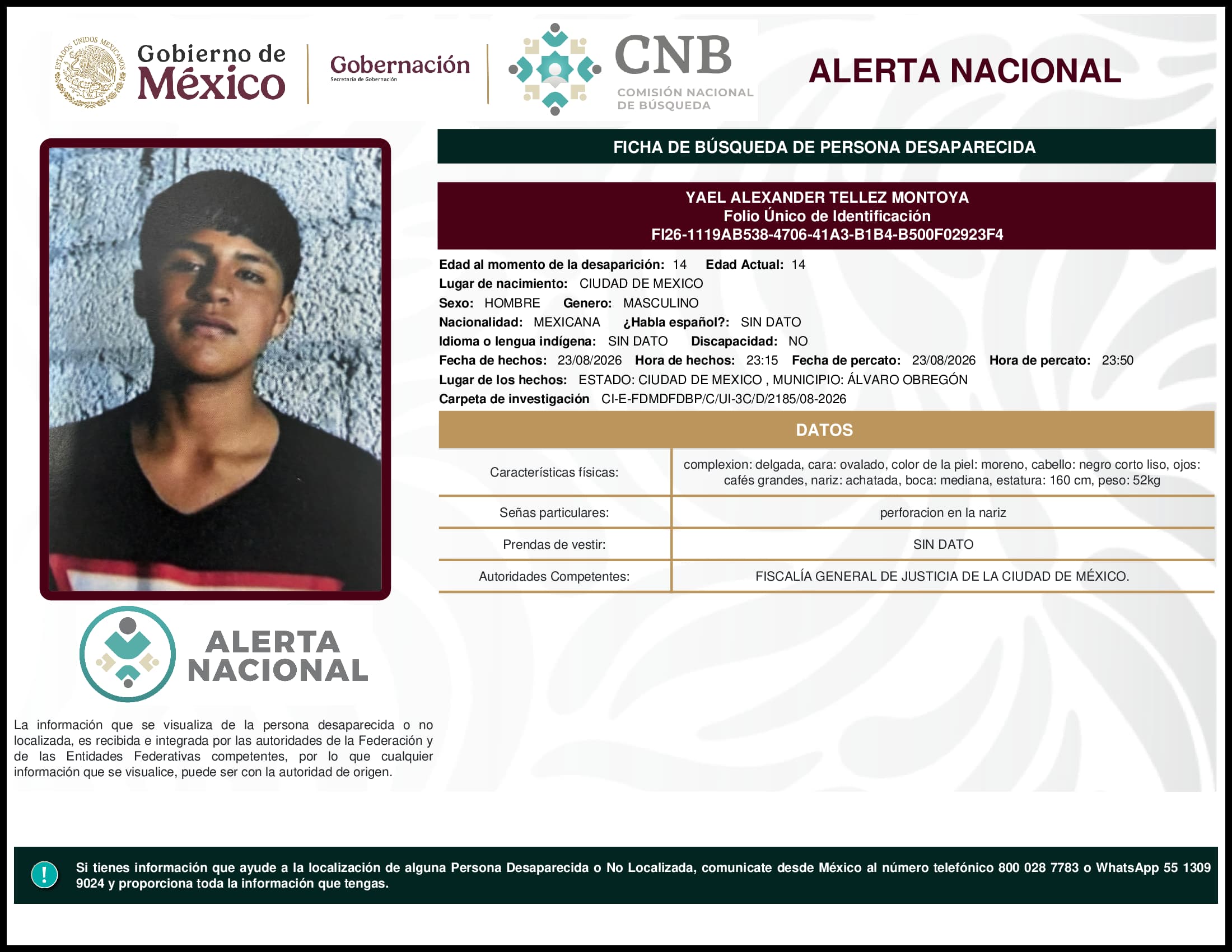 Persona desaparecida Yael Alexander Tellez Montoya