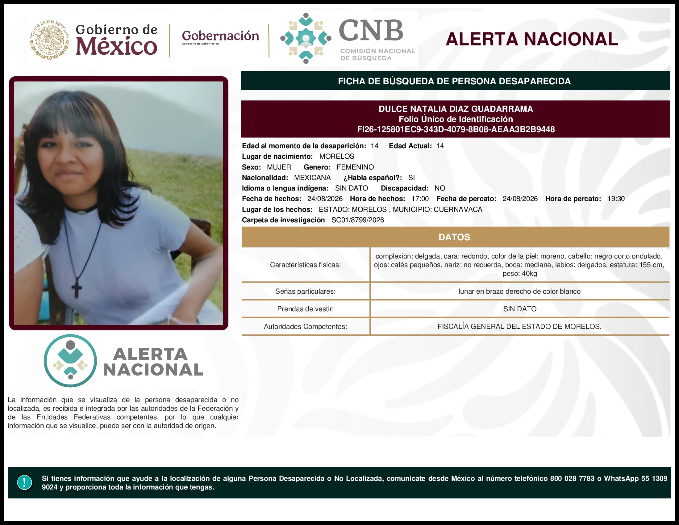 Persona desaparecida Dulce Natalia Diaz Guadarrama
