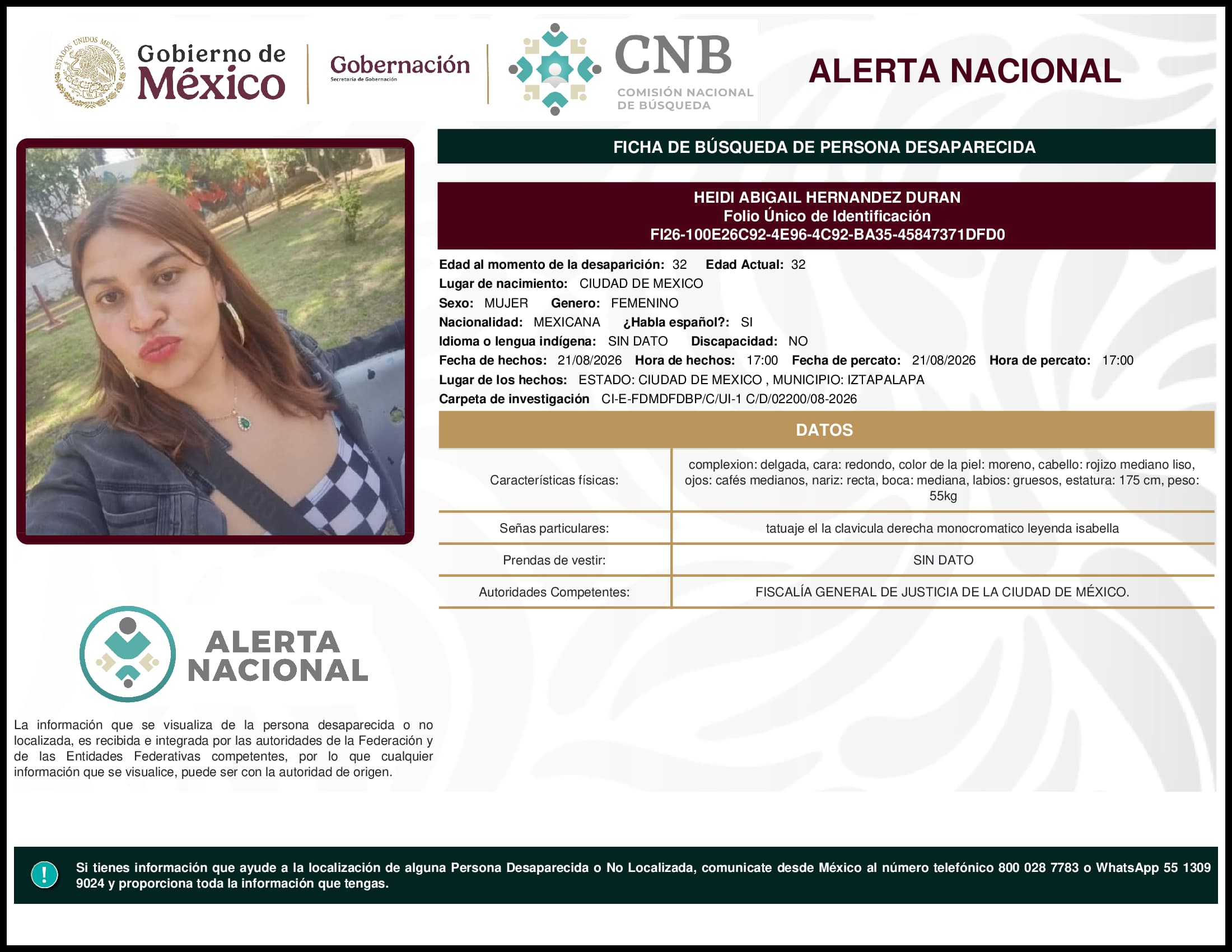 Persona desaparecida Heidi Abigail Hernandez Duran