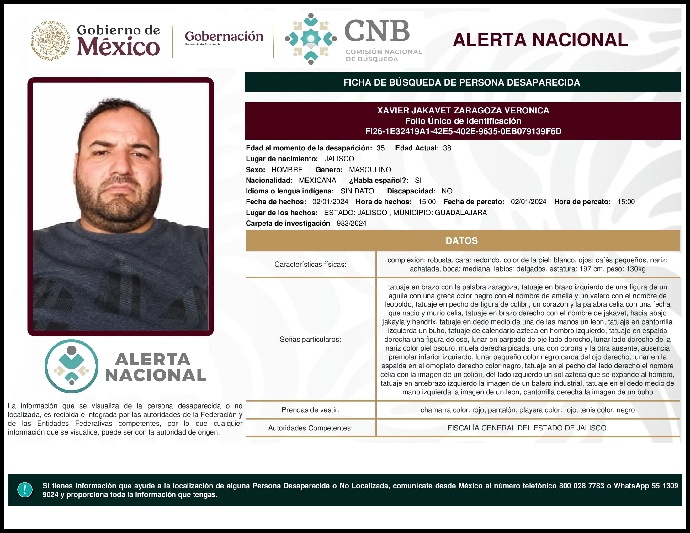 Persona desaparecida Xavier Jakavet Zaragoza Veronica
