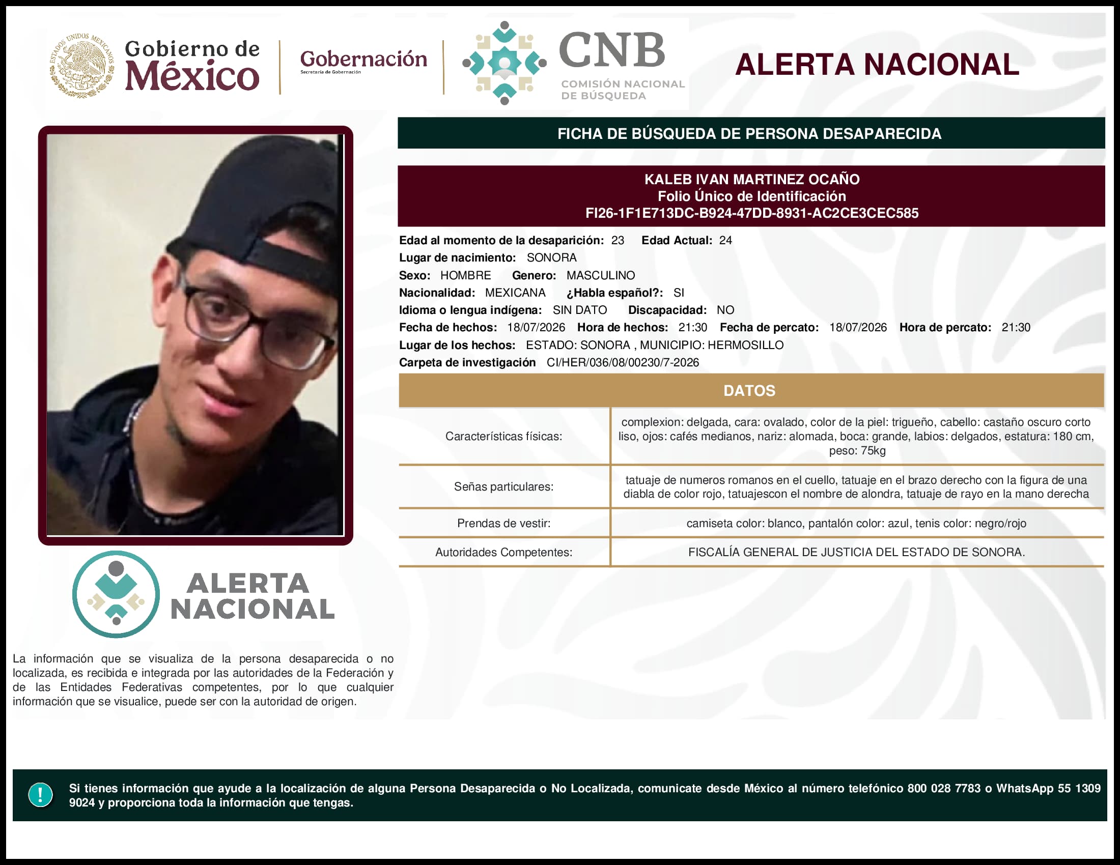 Persona desaparecida  Kaleb Ivan Martinez Ocano 