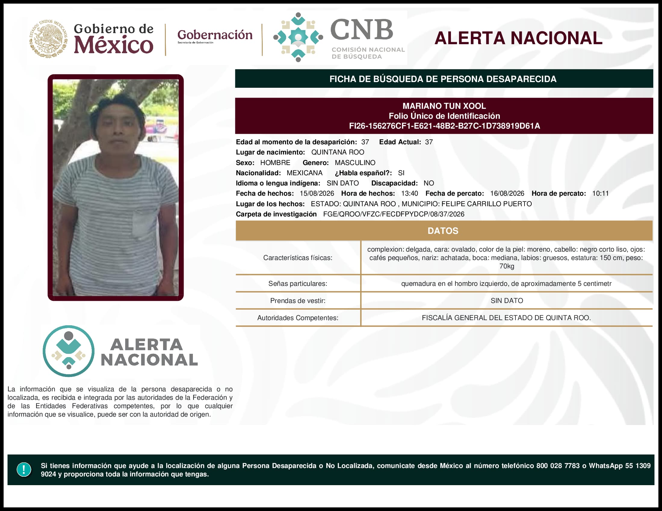 Persona desaparecida  Mariano Tun Xool 