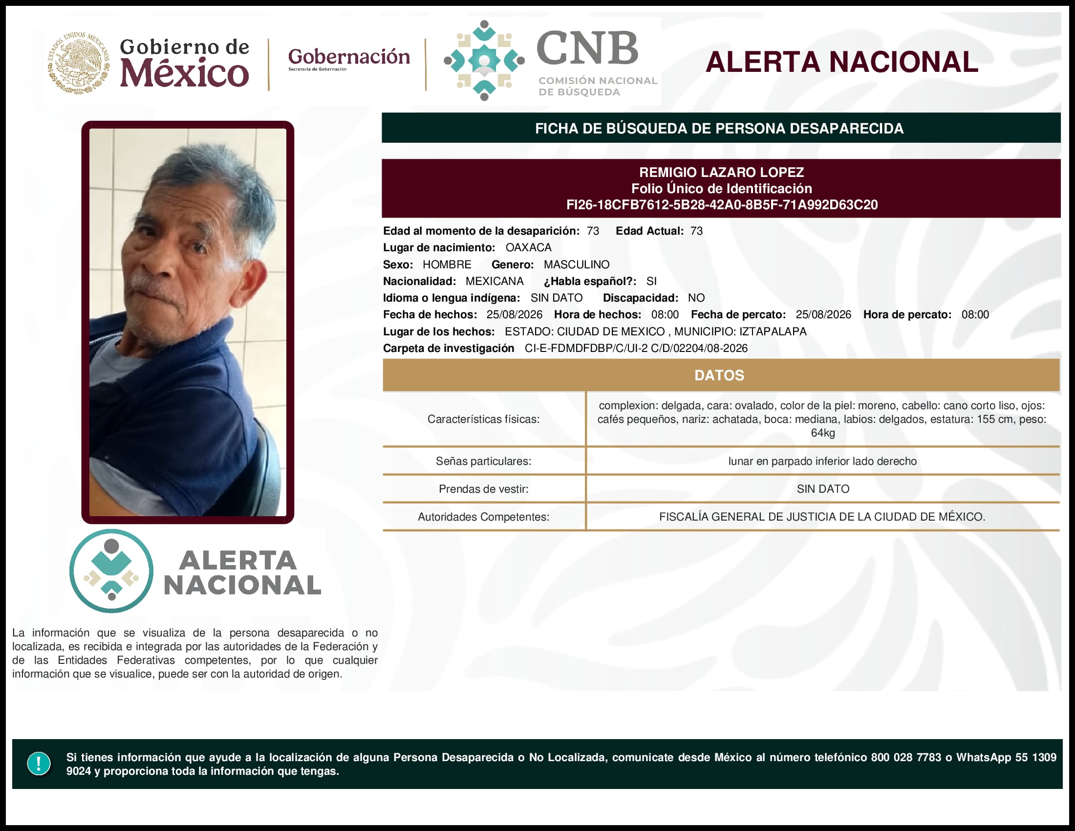 Persona desaparecida  Remigio Lazaro Lopez 