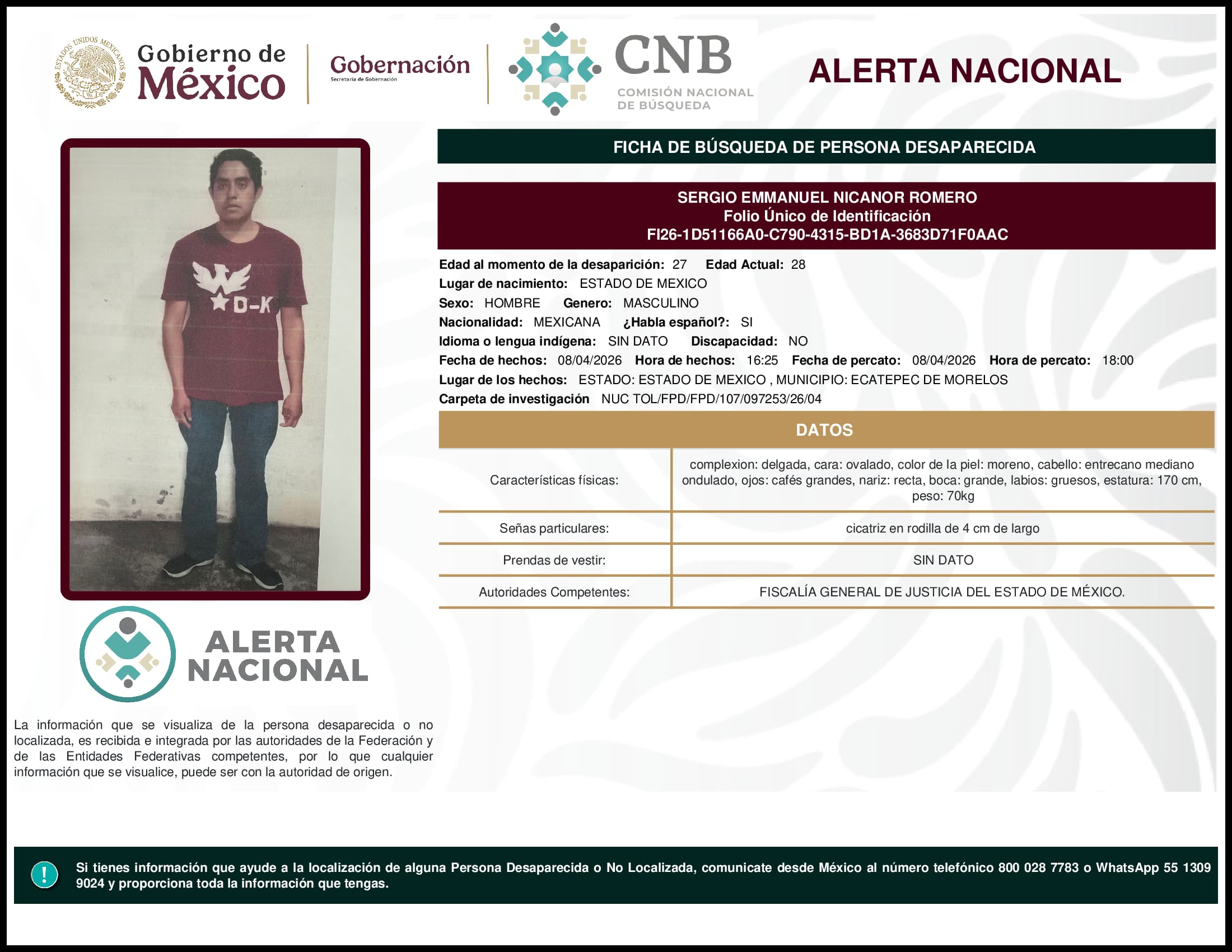 Persona desaparecida  Sergio Emmanuel Nicanor Romero 