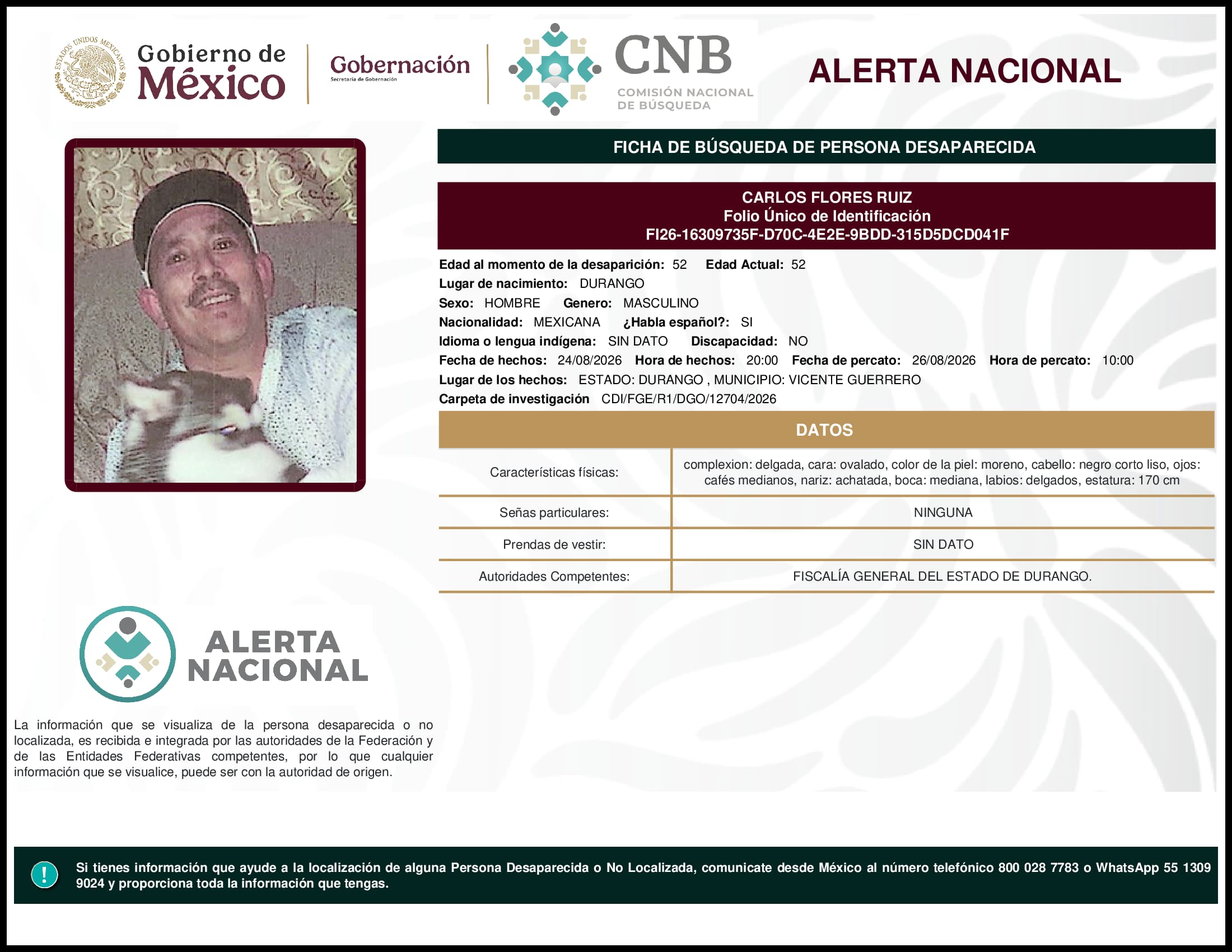 Persona desaparecida  Carlos  Flores  Ruiz 