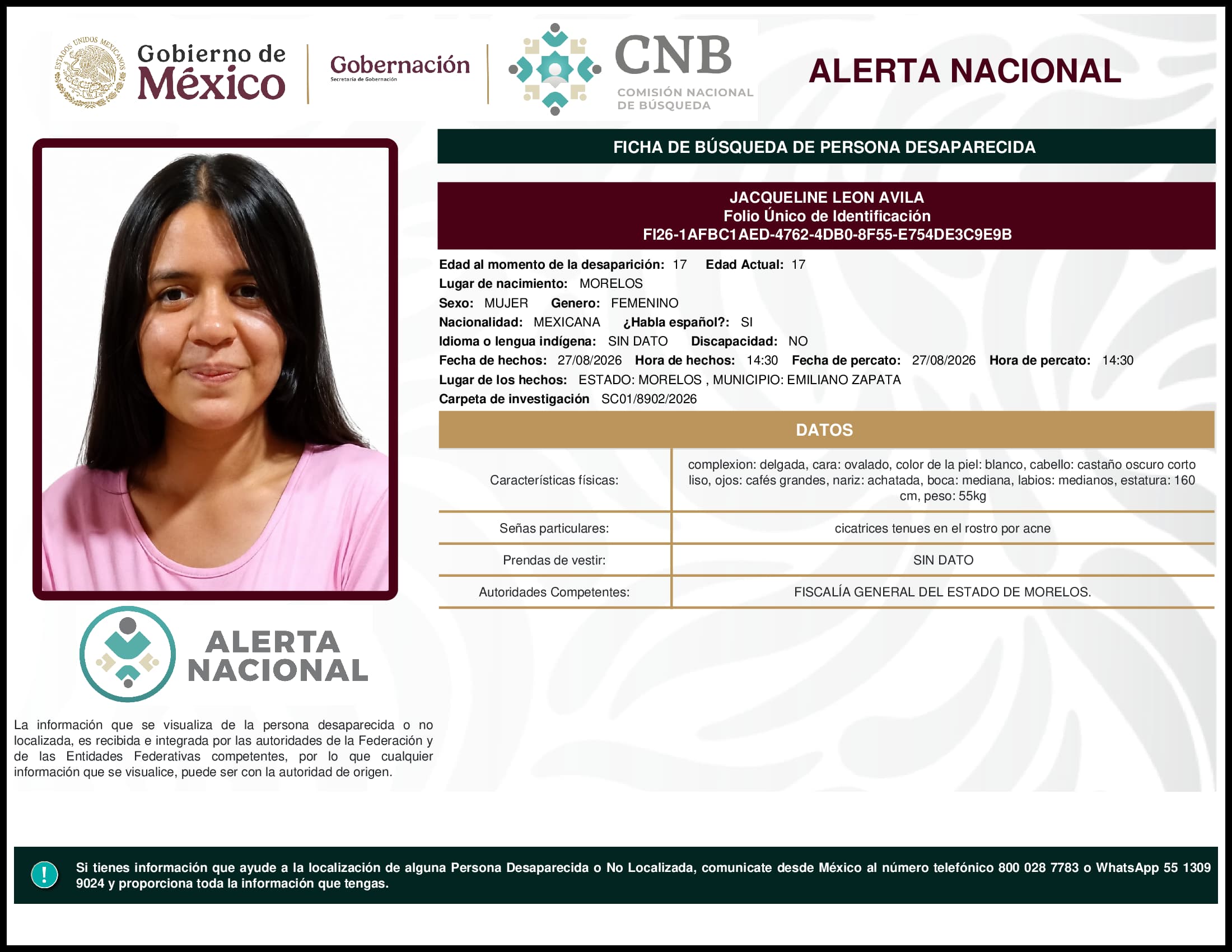 Persona desaparecida  Jacqueline  Leon  Avila 