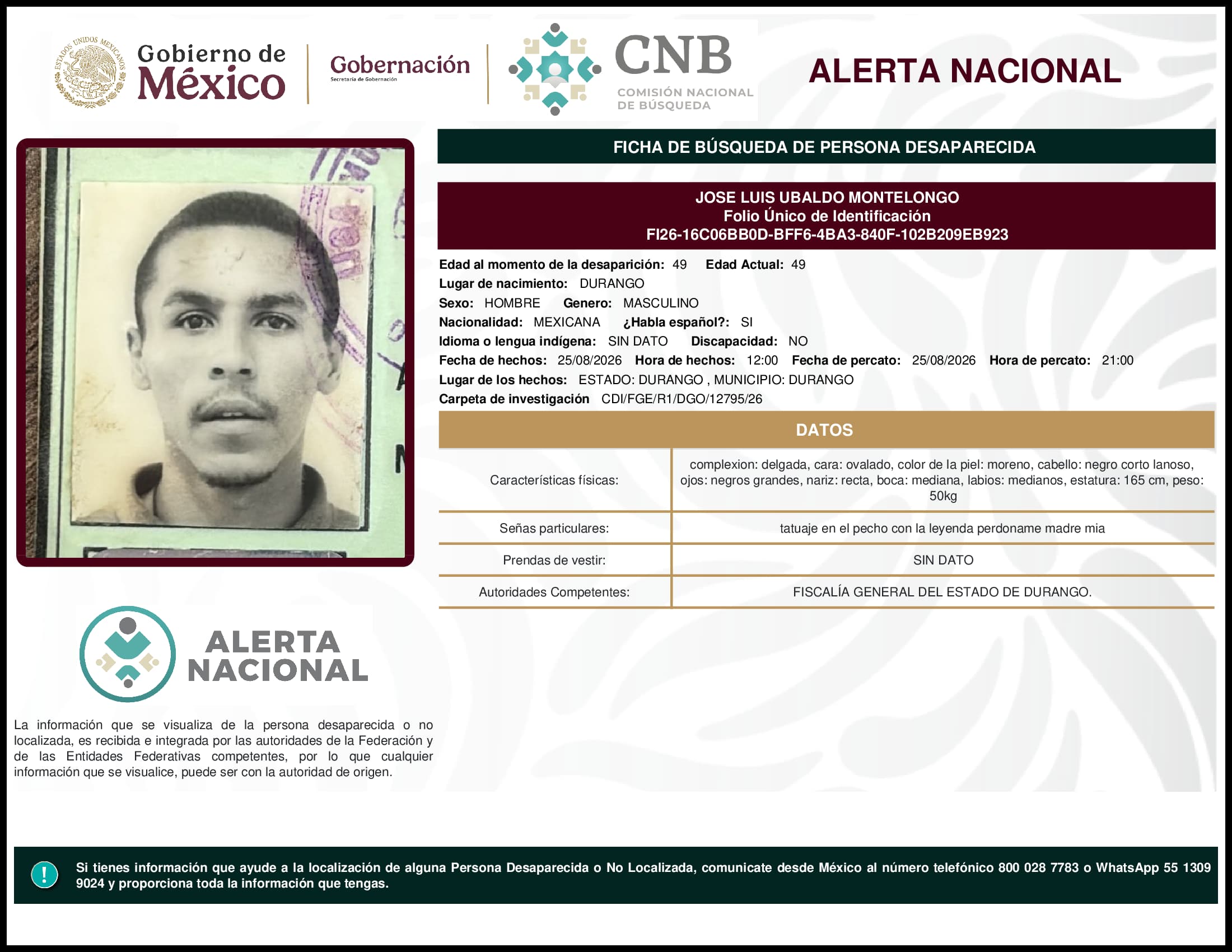 Persona desaparecida  Jose  Luis  Ubaldo  Montelongo 