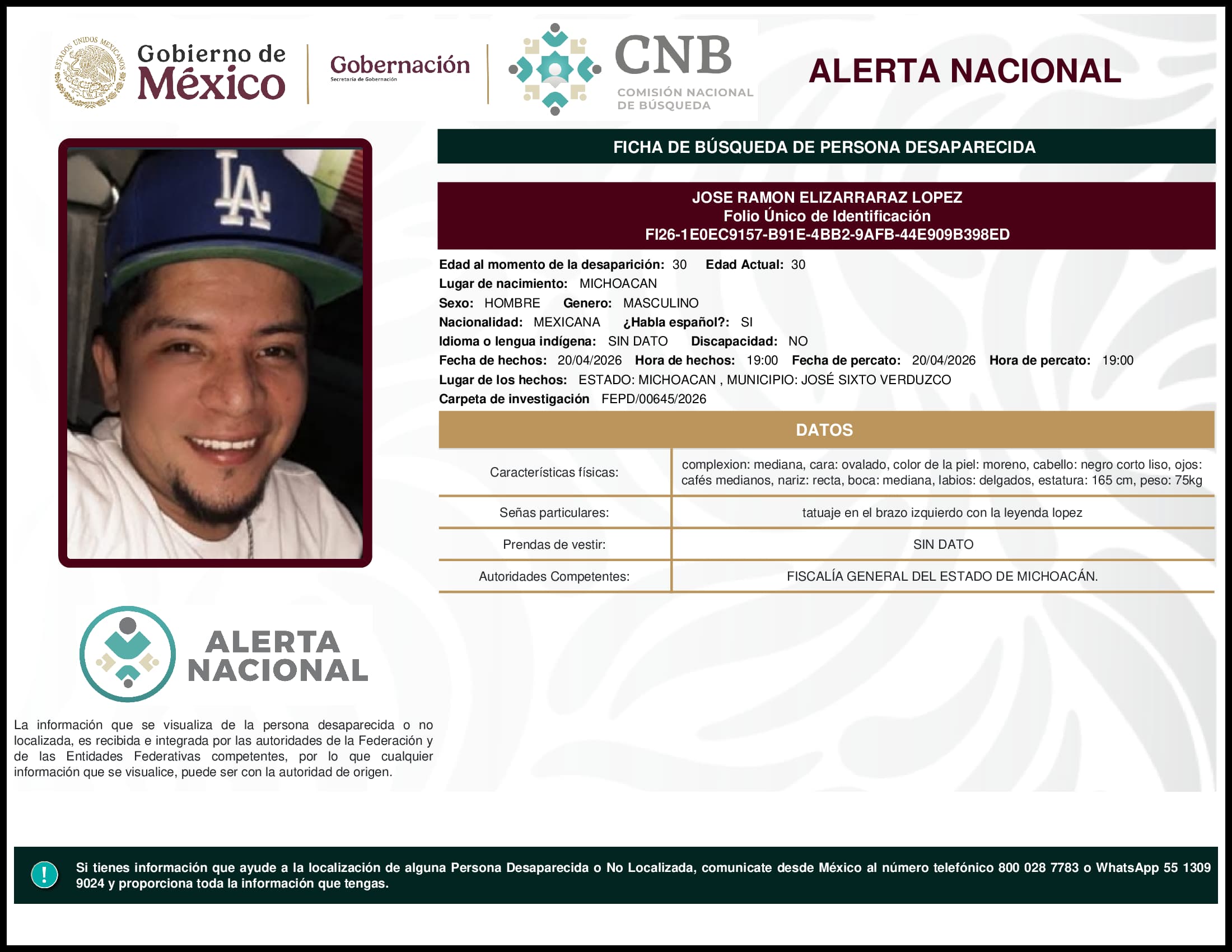 Persona desaparecida  Jose  Ramon  Elizarraraz  Lopez 