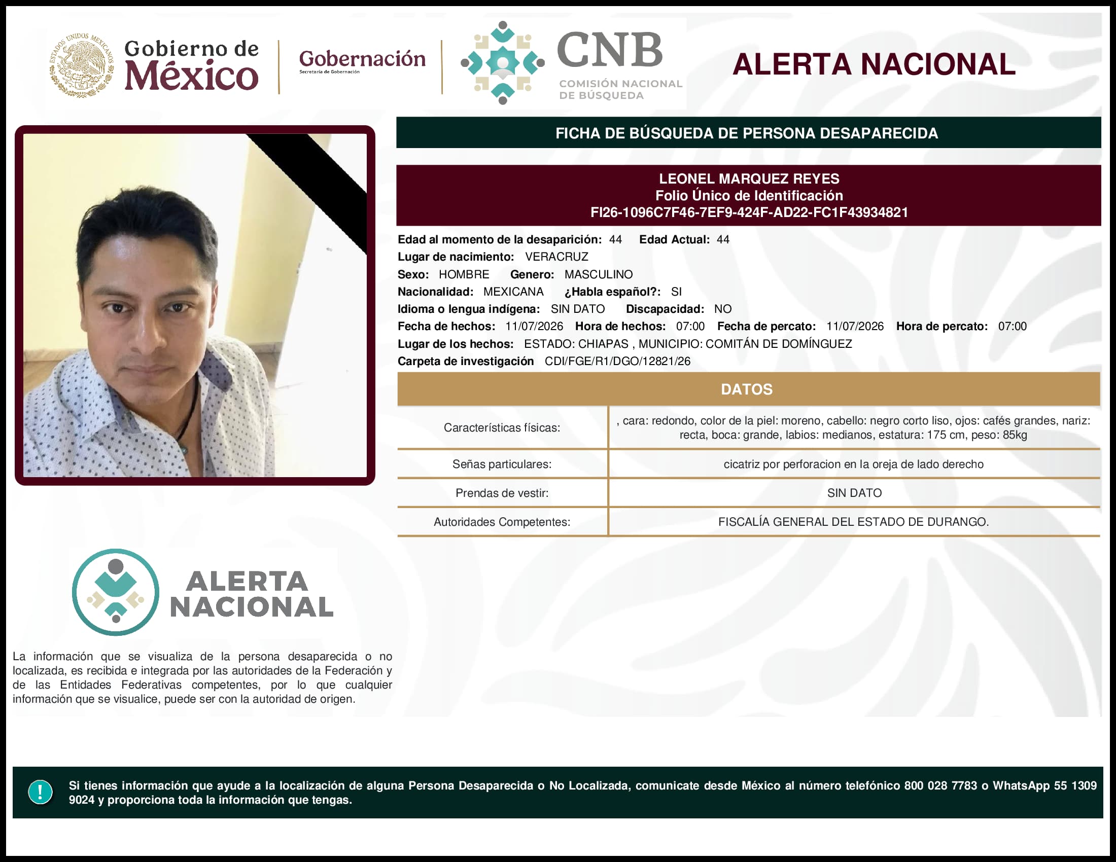 Persona desaparecida  Leonel  Marquez  Reyes 