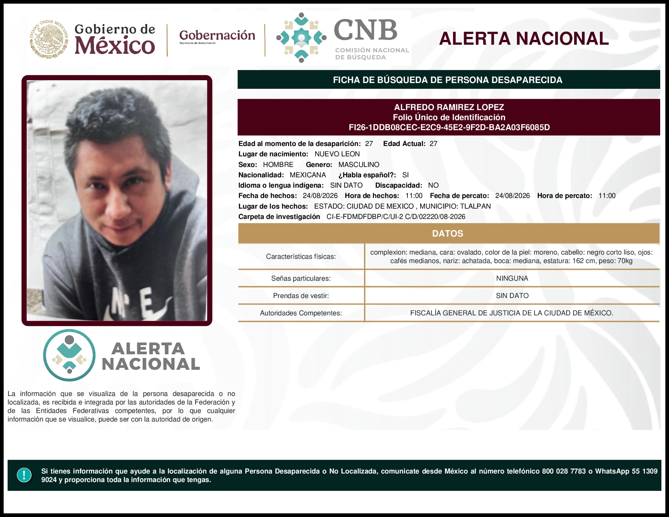 Persona desaparecida Alfredo Ramirez Lopez